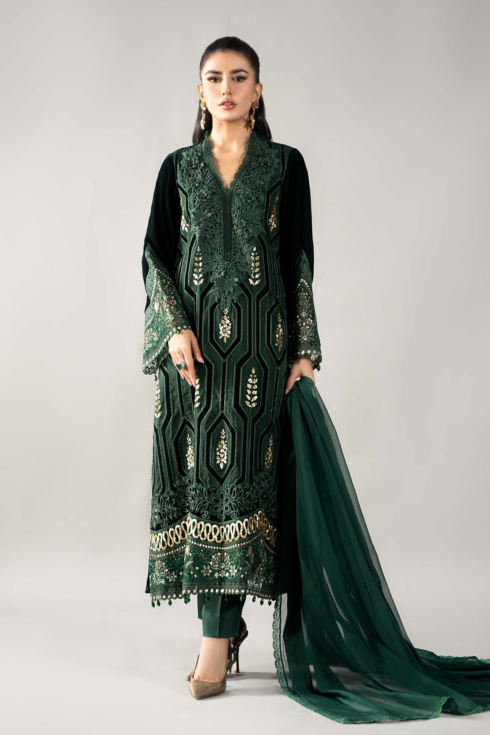Marjjan Velvet Embroidered 3 Piece Suit - Winter
