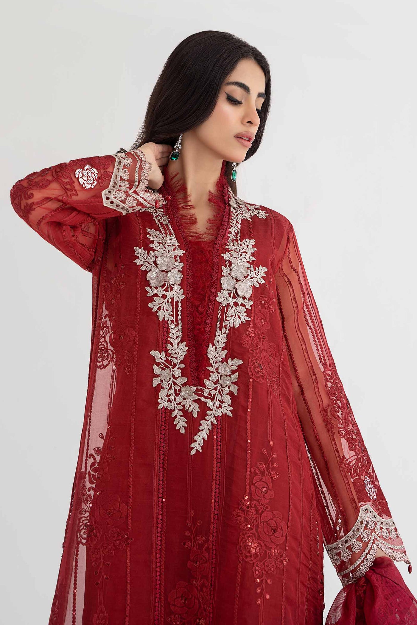 3 PIECE EMBROIDERED ORGANZA SUIT | DS-2401-B