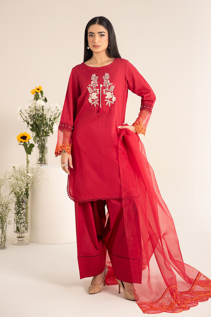 3 Piece Embroidered Self Jacquard Lawn Suit All Products DWF2515-ESM-RED