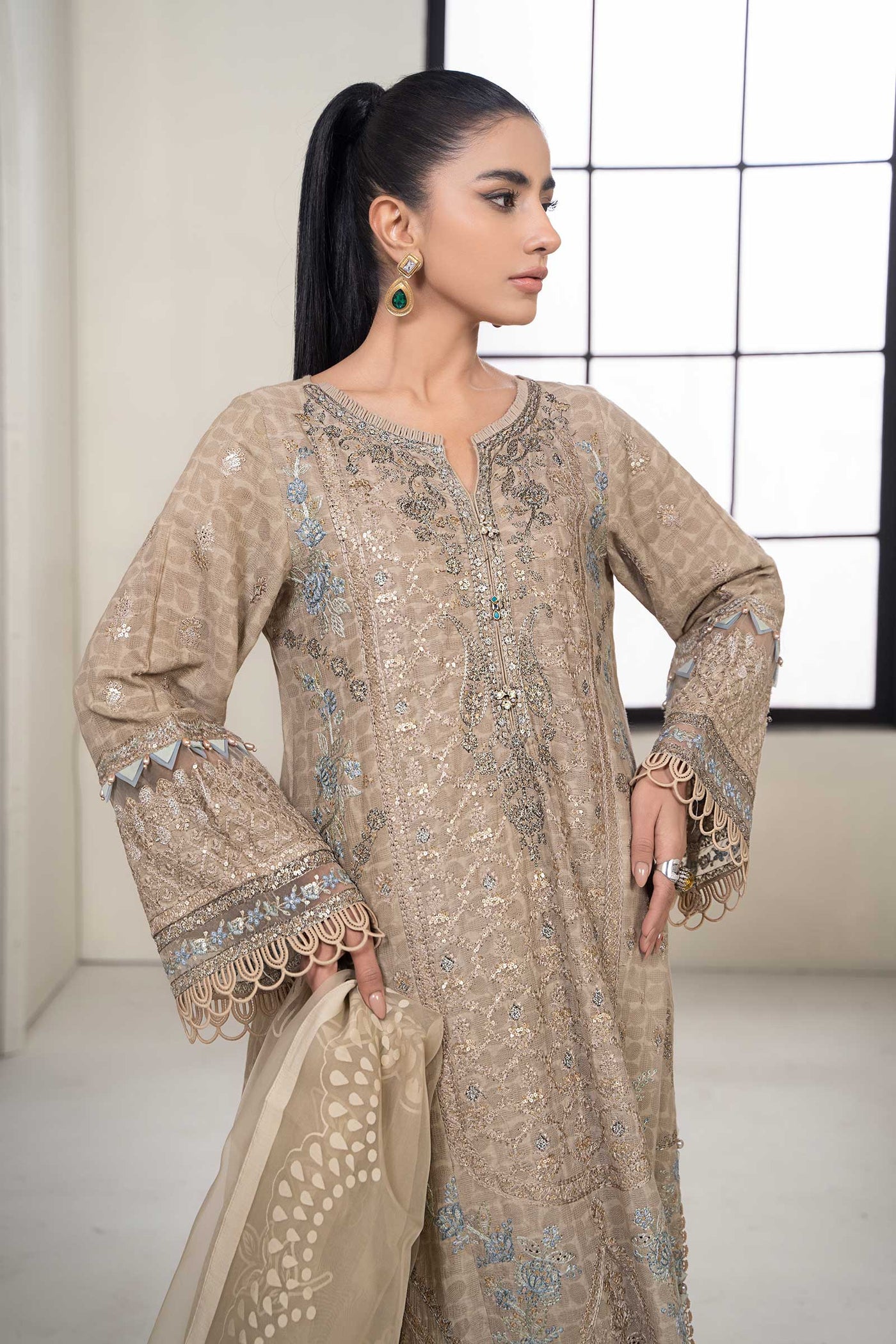 3 PIECE EMBROIDERED SELF JACQUARD SUIT | DW-EF24-31