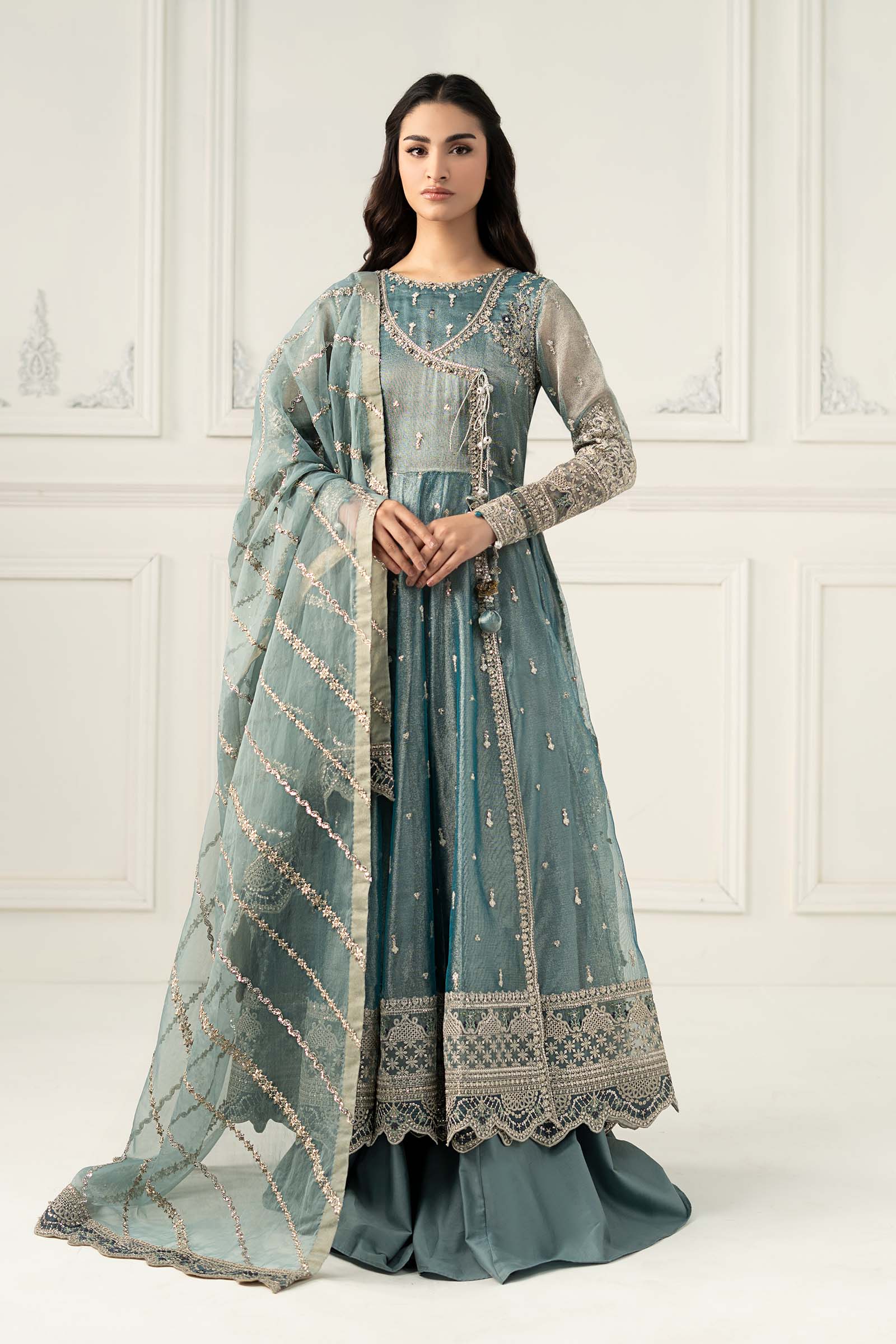 Saad Shaikh Pret Embroidered Net 3 Piece Suit Ice Blue Marine