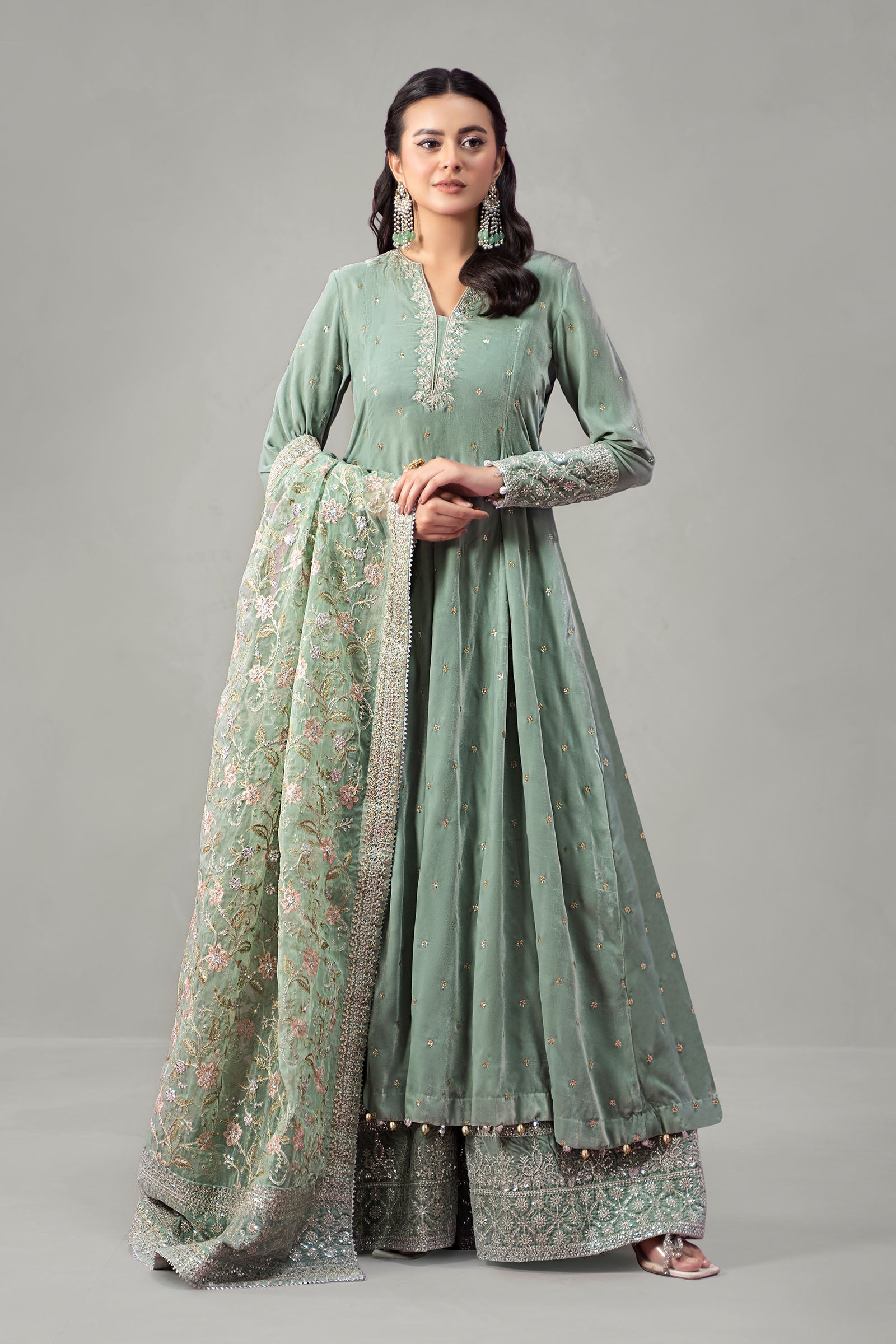 sachin and babi light blue dress 3 Piece Embroidered Velvet Suit – Maria.B. Designs (AE)