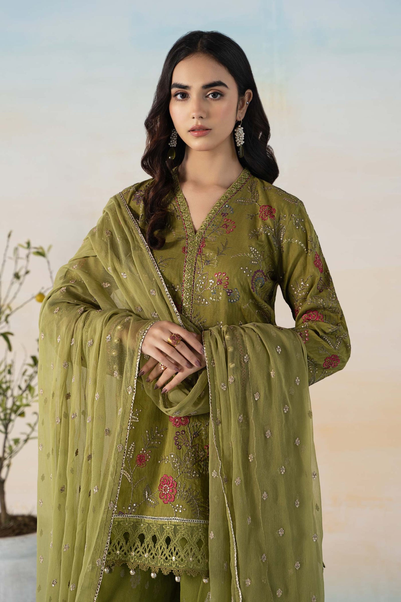 3 PIECE EMBROIDERED SELF JACQUARD SUIT | DW-EF24-03