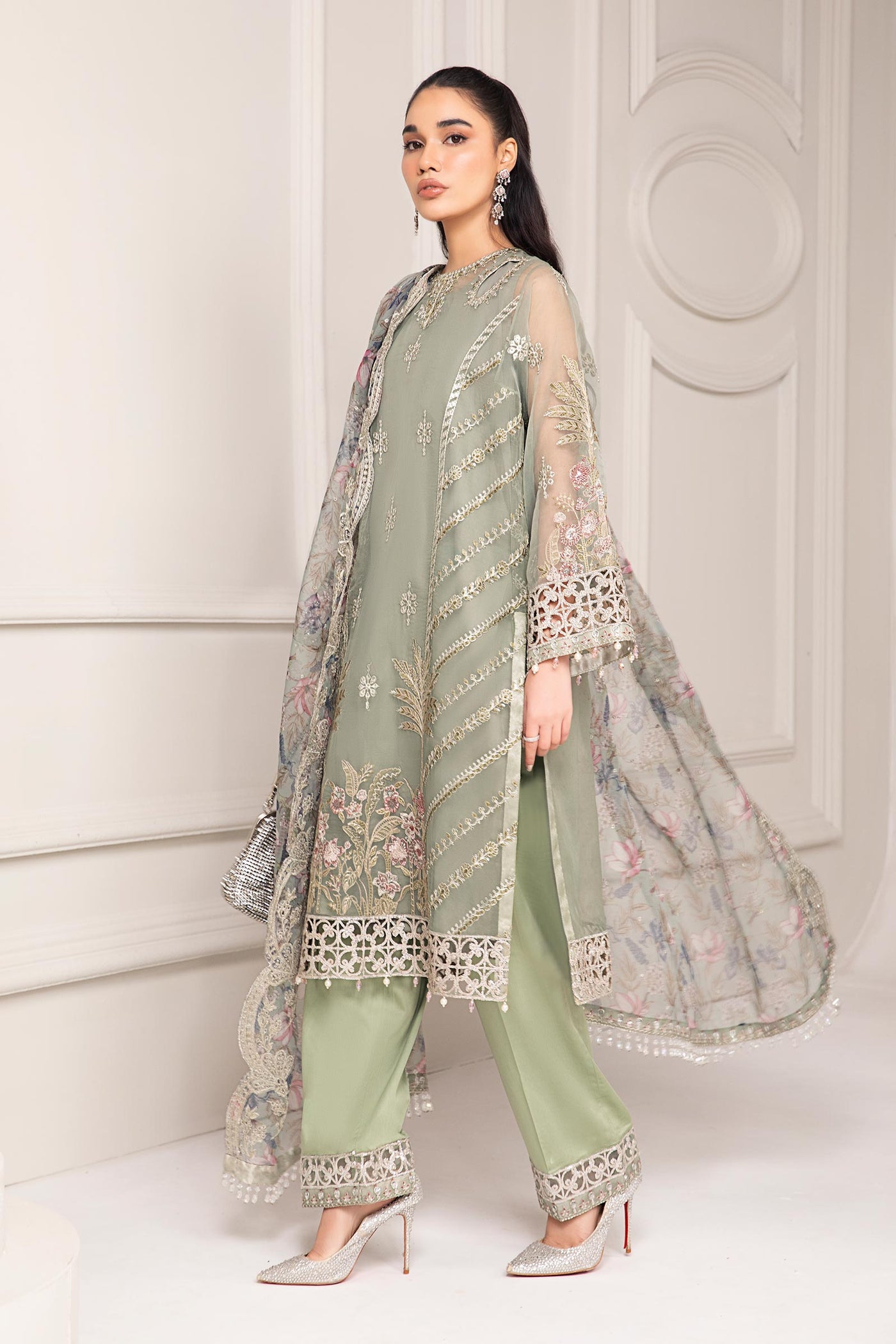 3 PIECE EMBROIDERED ORGANZA SUIT | SF-EF24-12