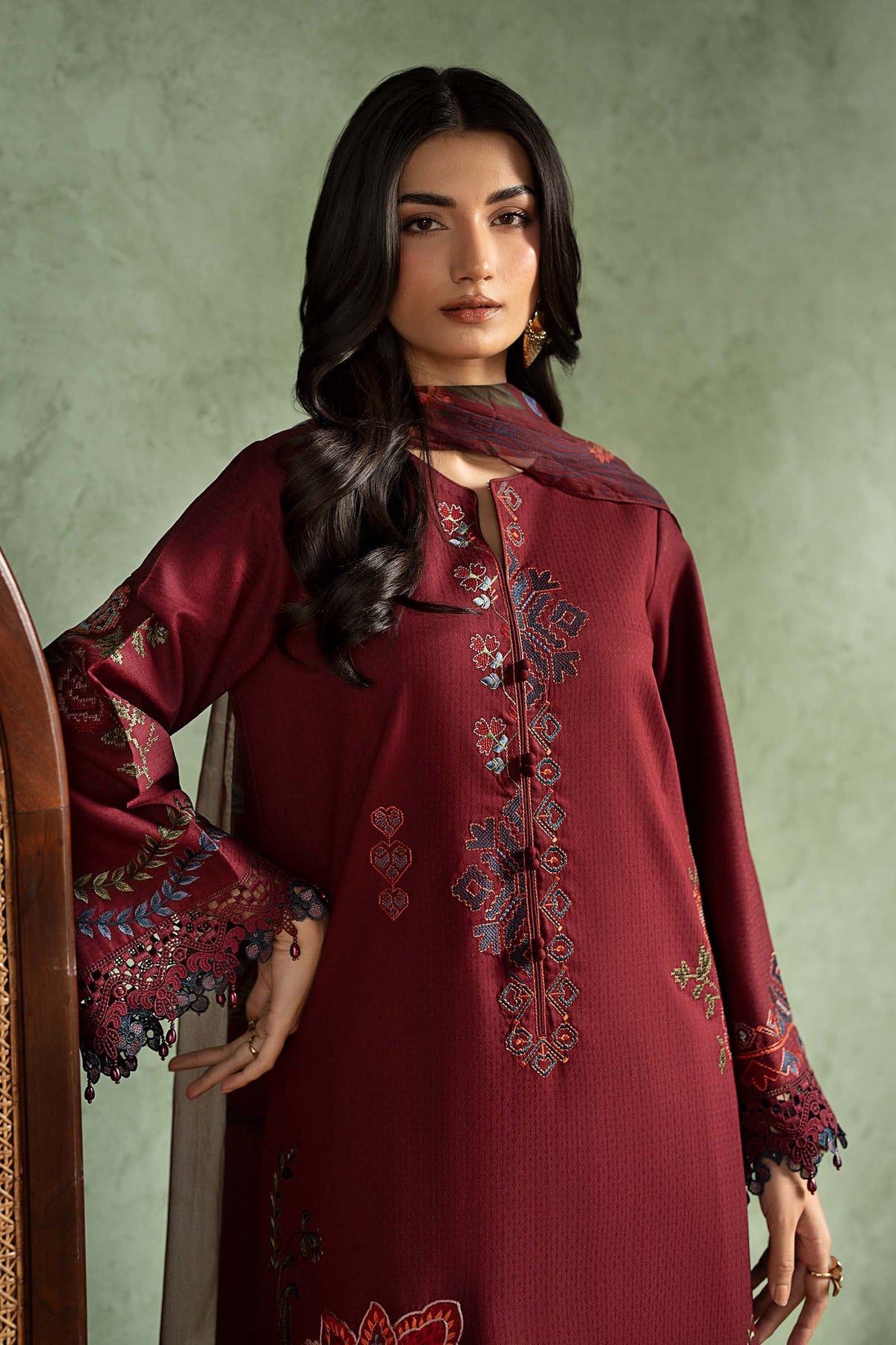 3 Piece Embroidered Dobby Linen Suit