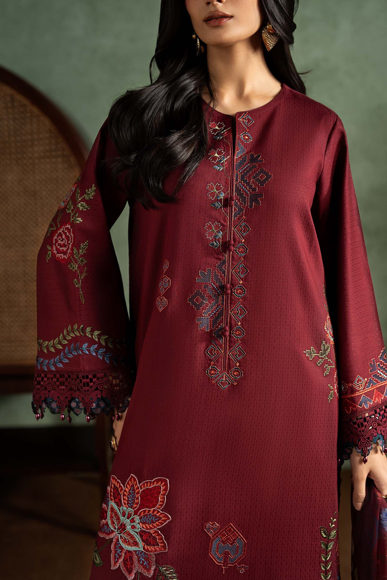 3 Piece Embroidered Dobby Linen Suit