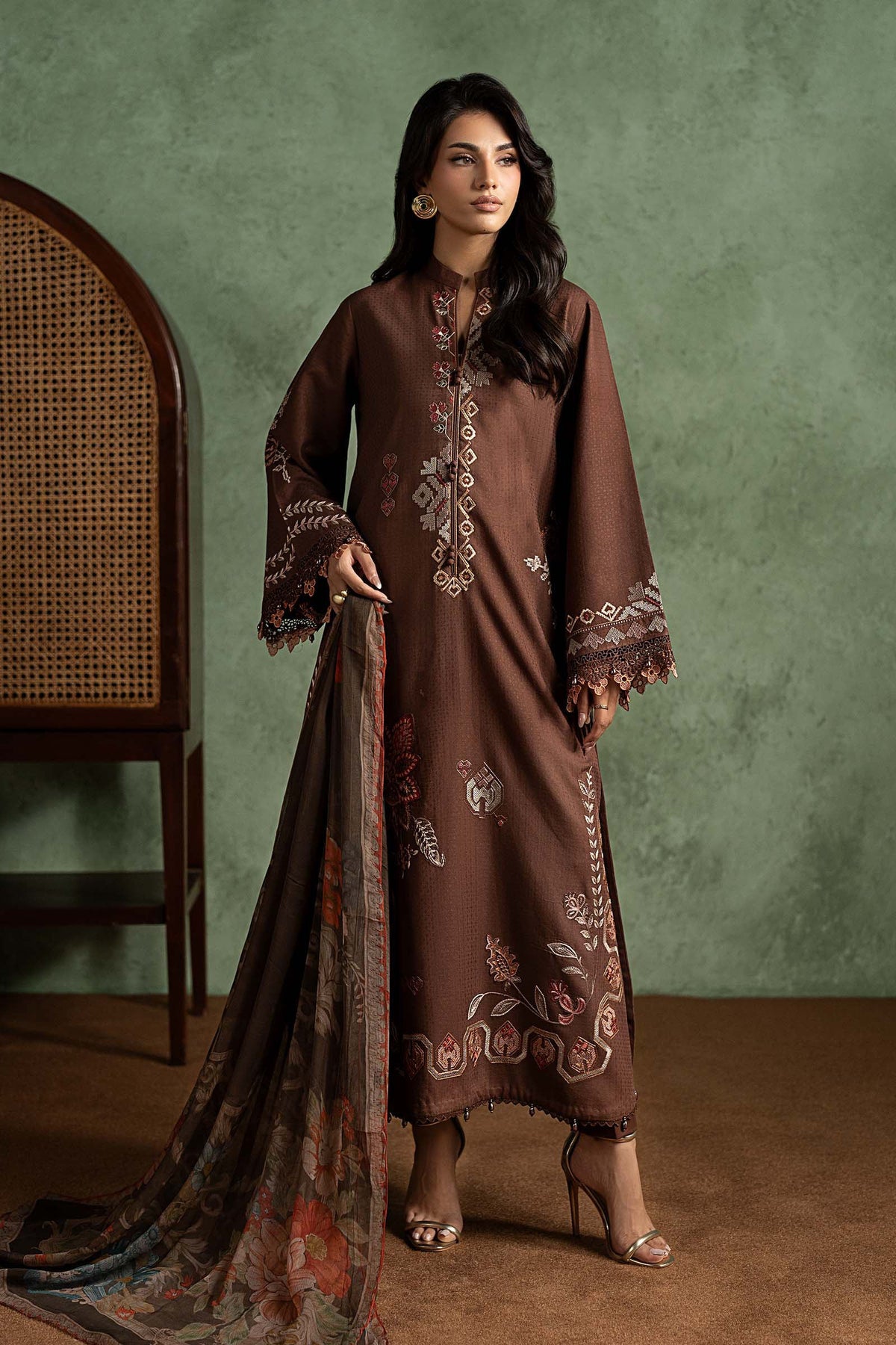 3 Piece Embroidered Dobby Linen Suit