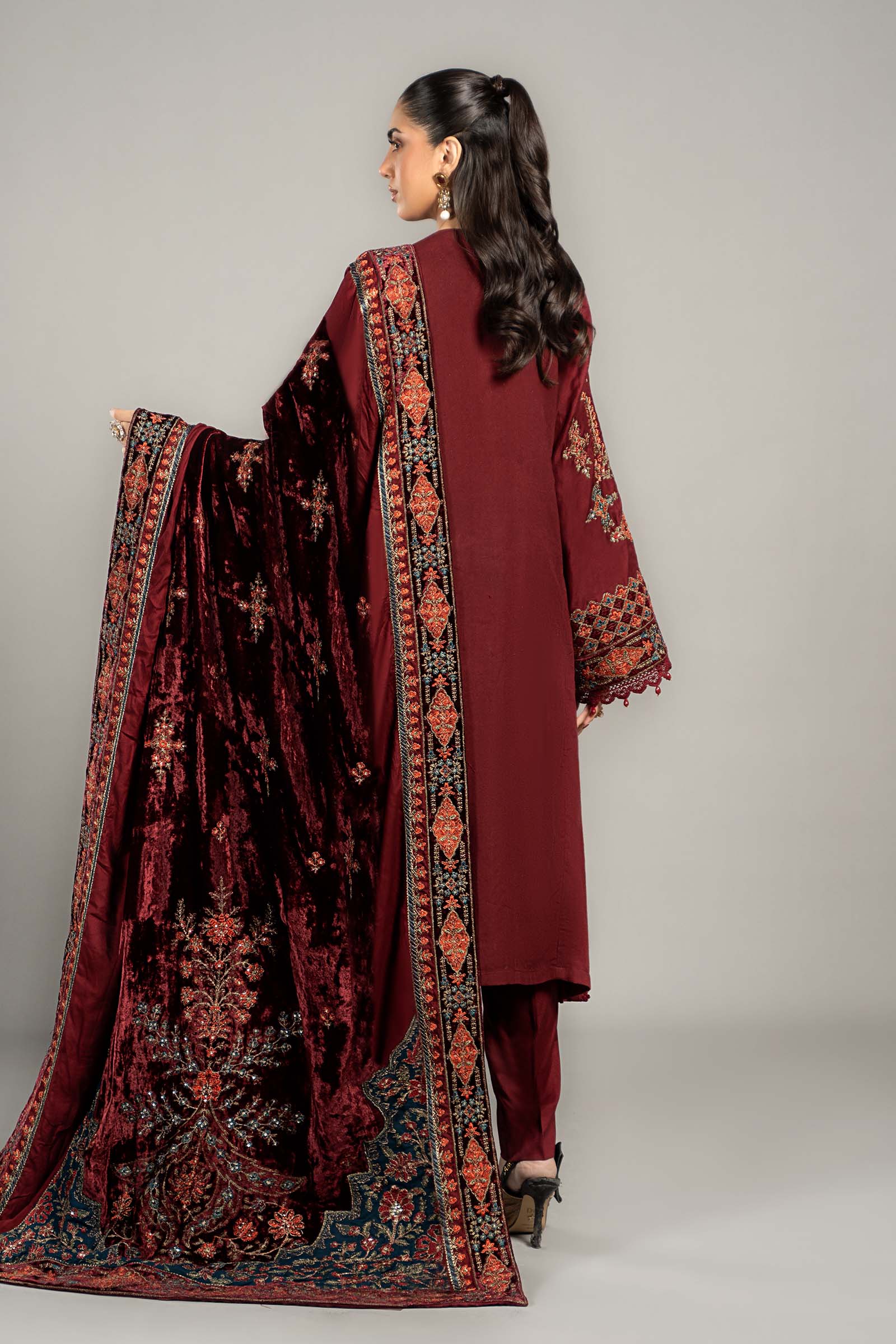 3 Piece Embroidered Twill Linen Suit | DLS-1210