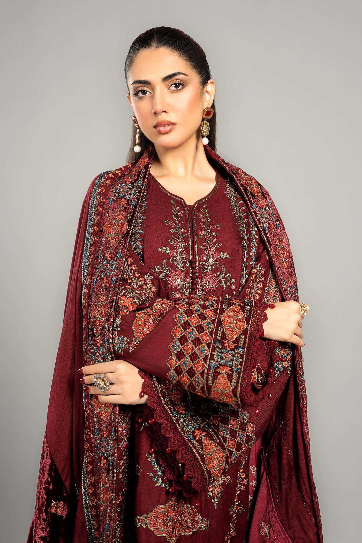 3 Piece Embroidered Twill Linen Suit | DLS-1210