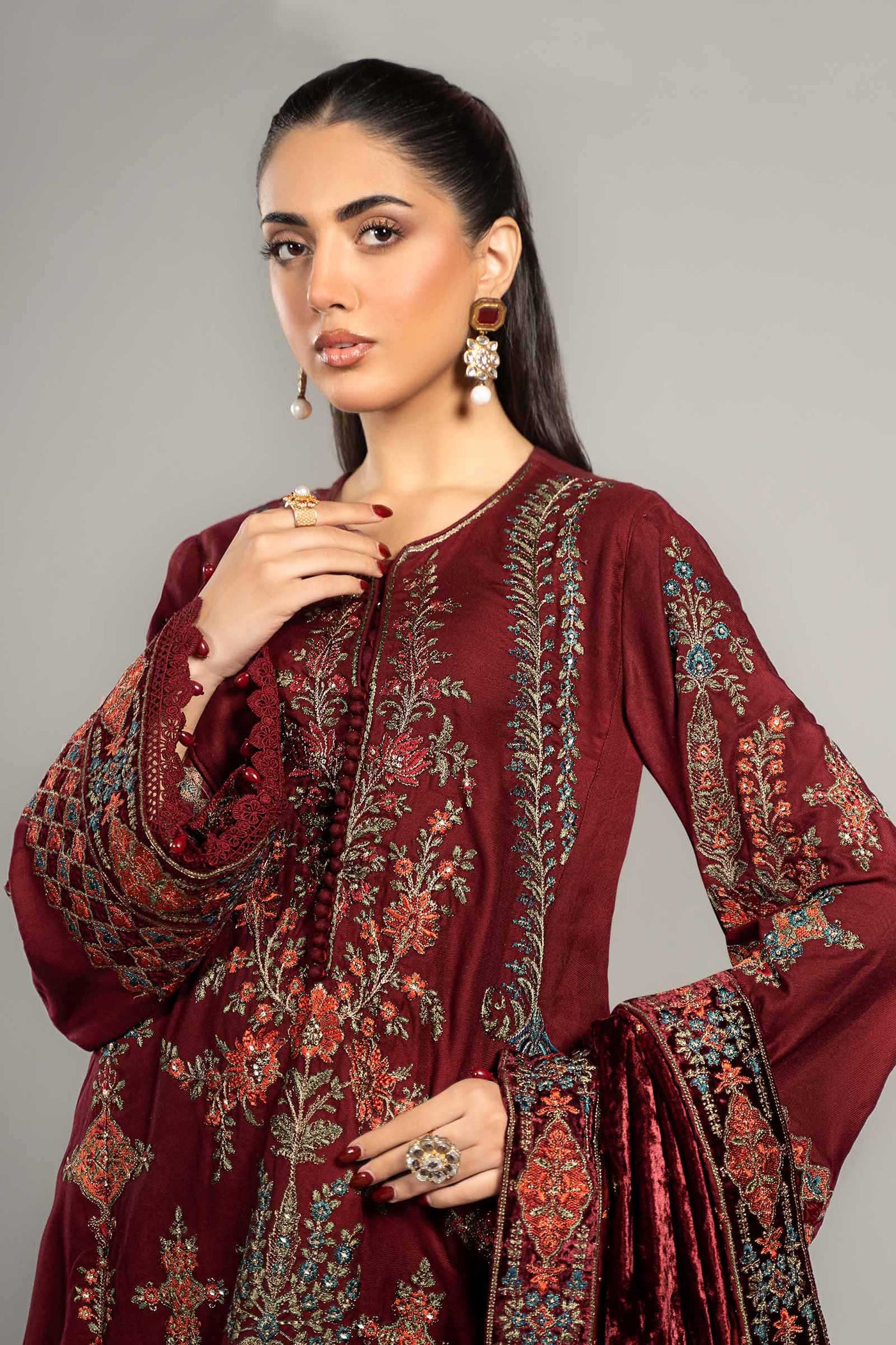 3 Piece Embroidered Twill Linen Suit | DLS-1210