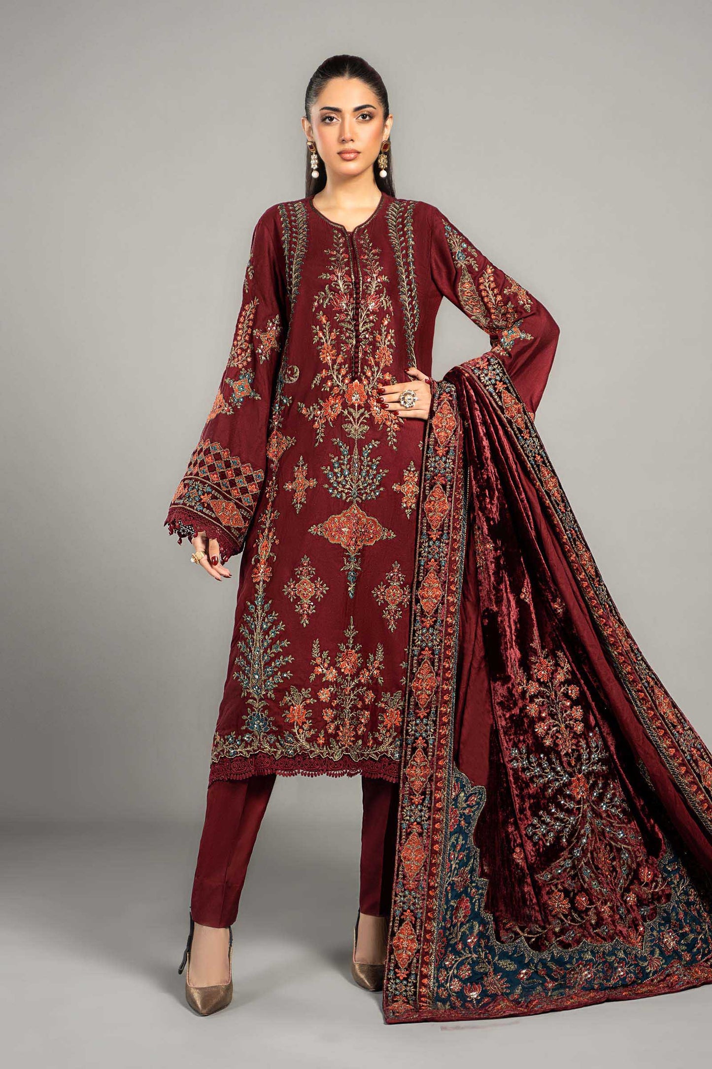 3 Piece Embroidered Twill Linen Suit | DLS-1210