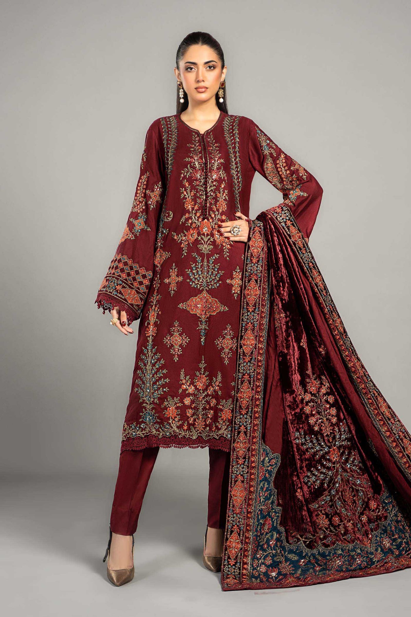 3 Piece Embroidered Twill Linen Suit | DLS-1210