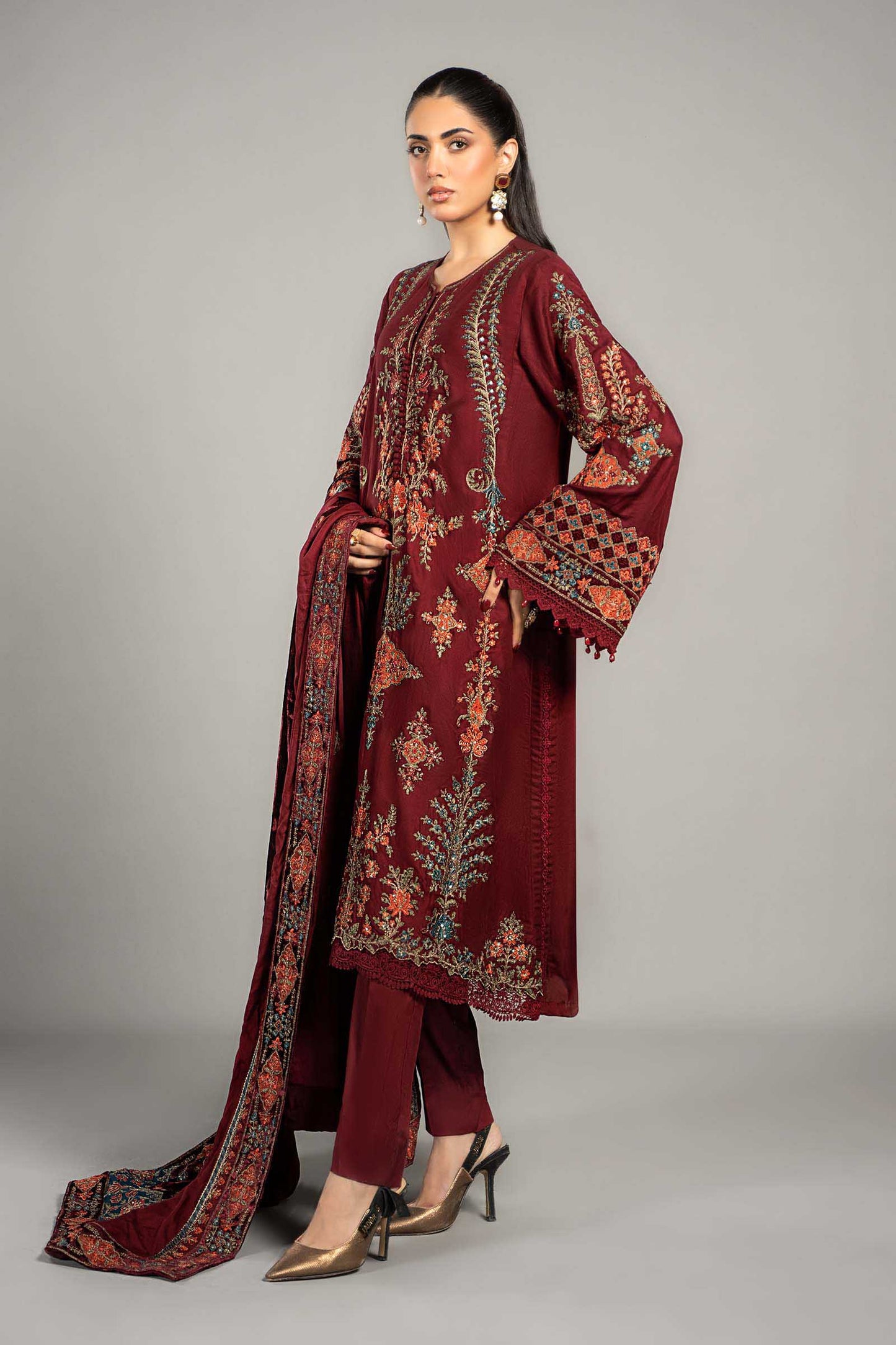 3 Piece Embroidered Twill Linen Suit | DLS-1210