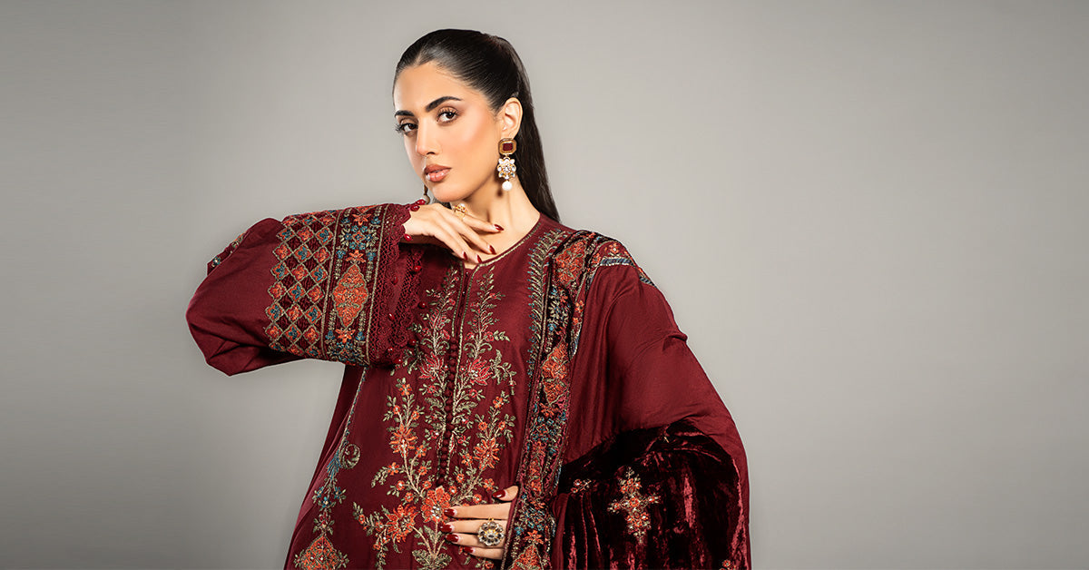 3 Piece Embroidered Twill Linen Suit | DLS-1210