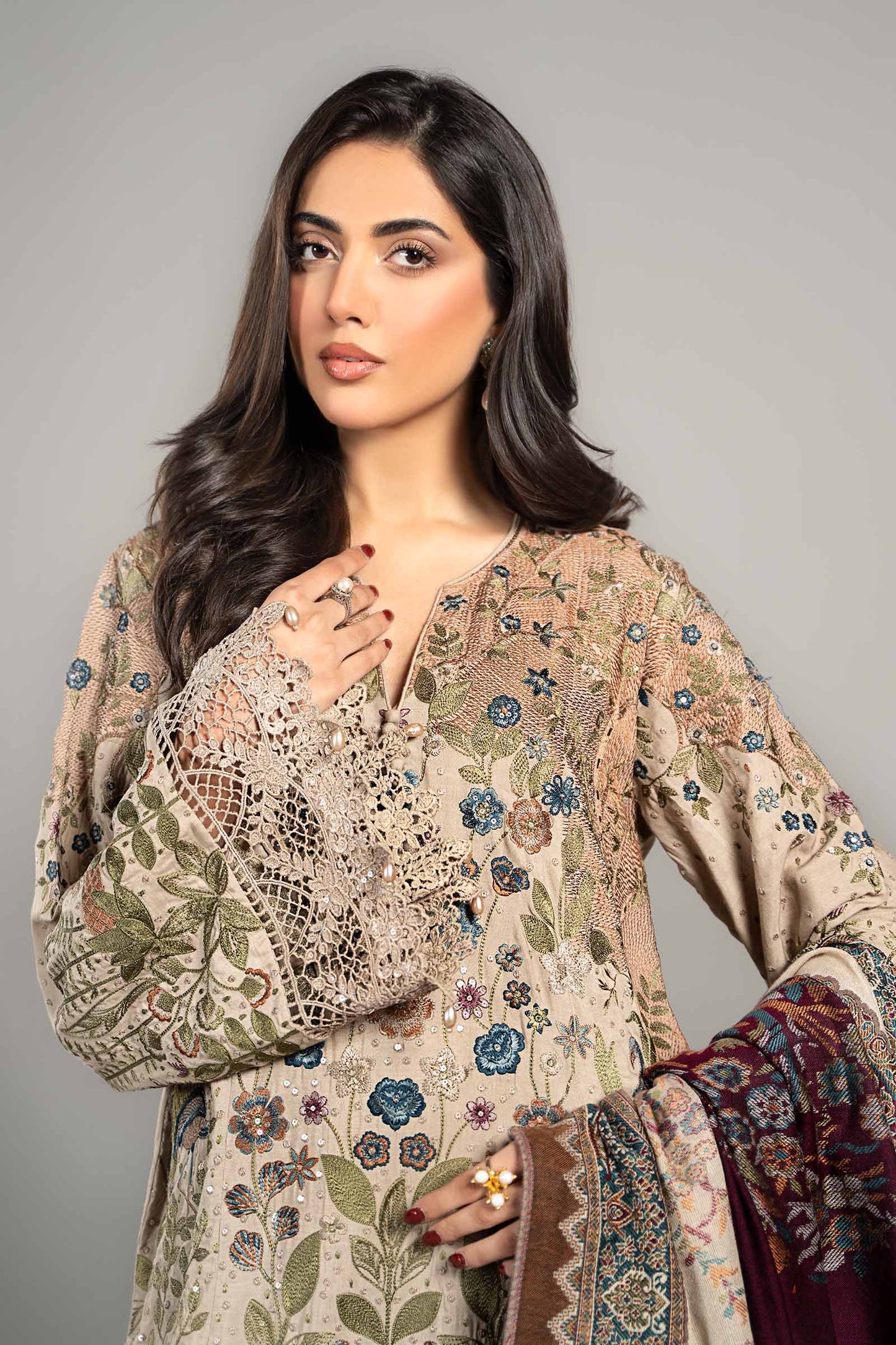 3 Piece Embroidered Linen Suit | DLS-1211