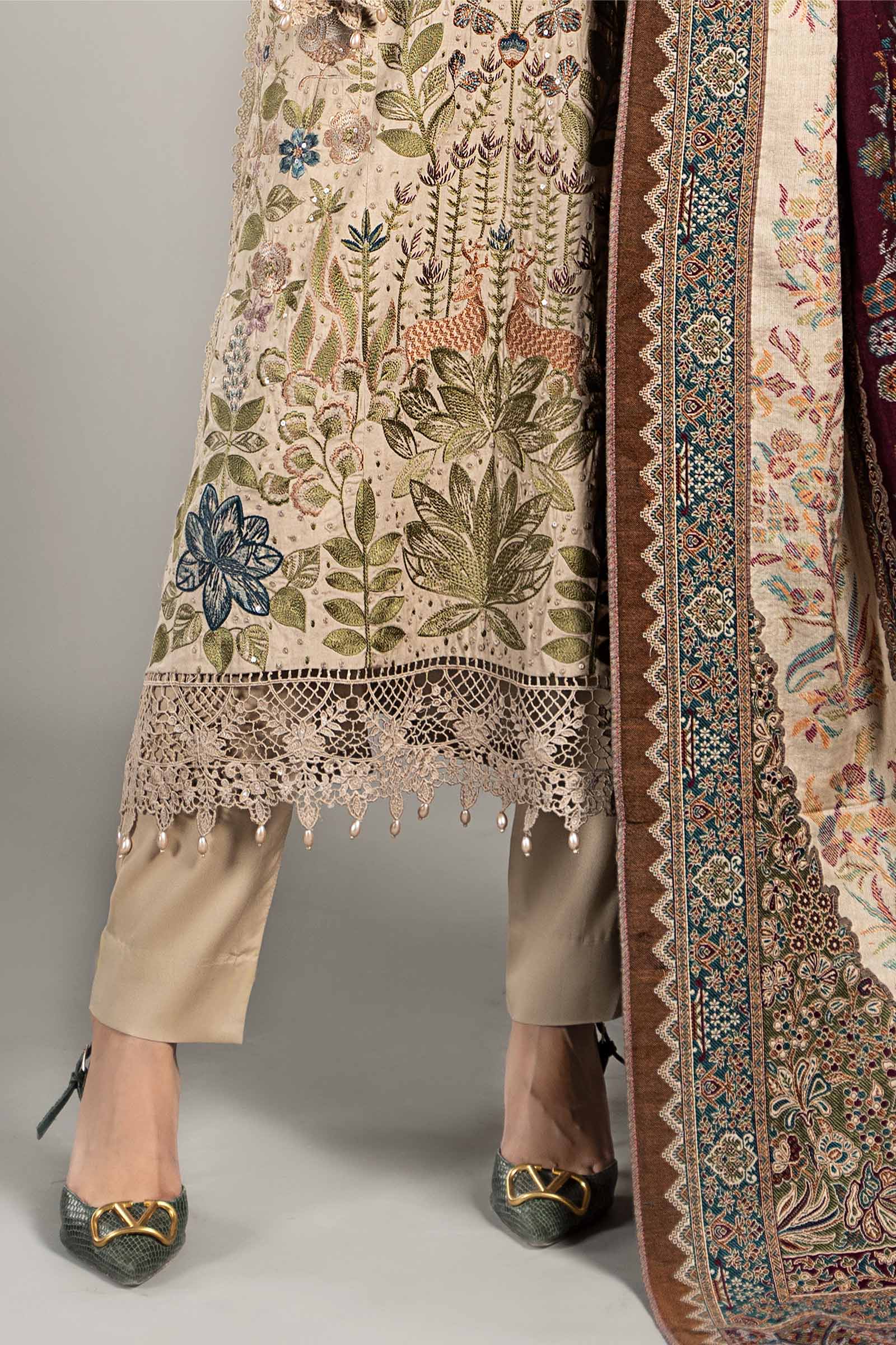 3 Piece Embroidered Linen Suit | DLS-1211