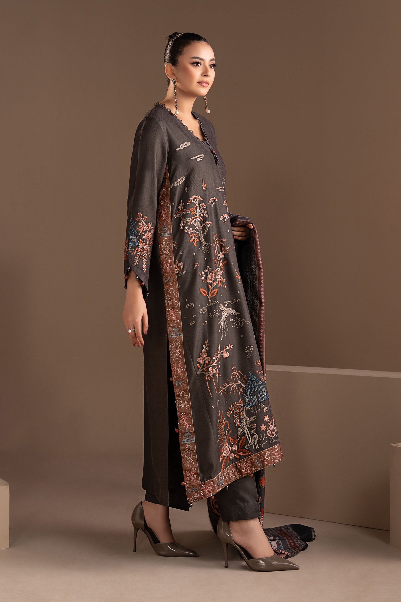 3 Piece Embroidered Twill Linen Suit