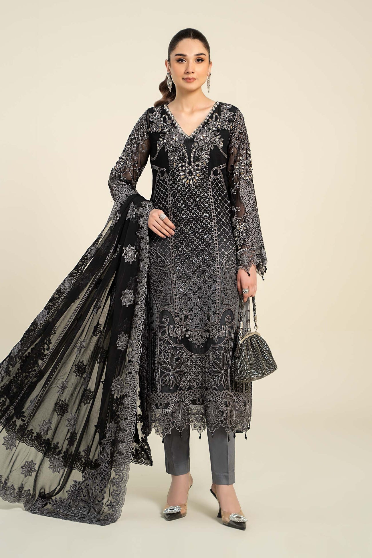 3 Piece Embroidered Chiffon Suit | MCS-24-101