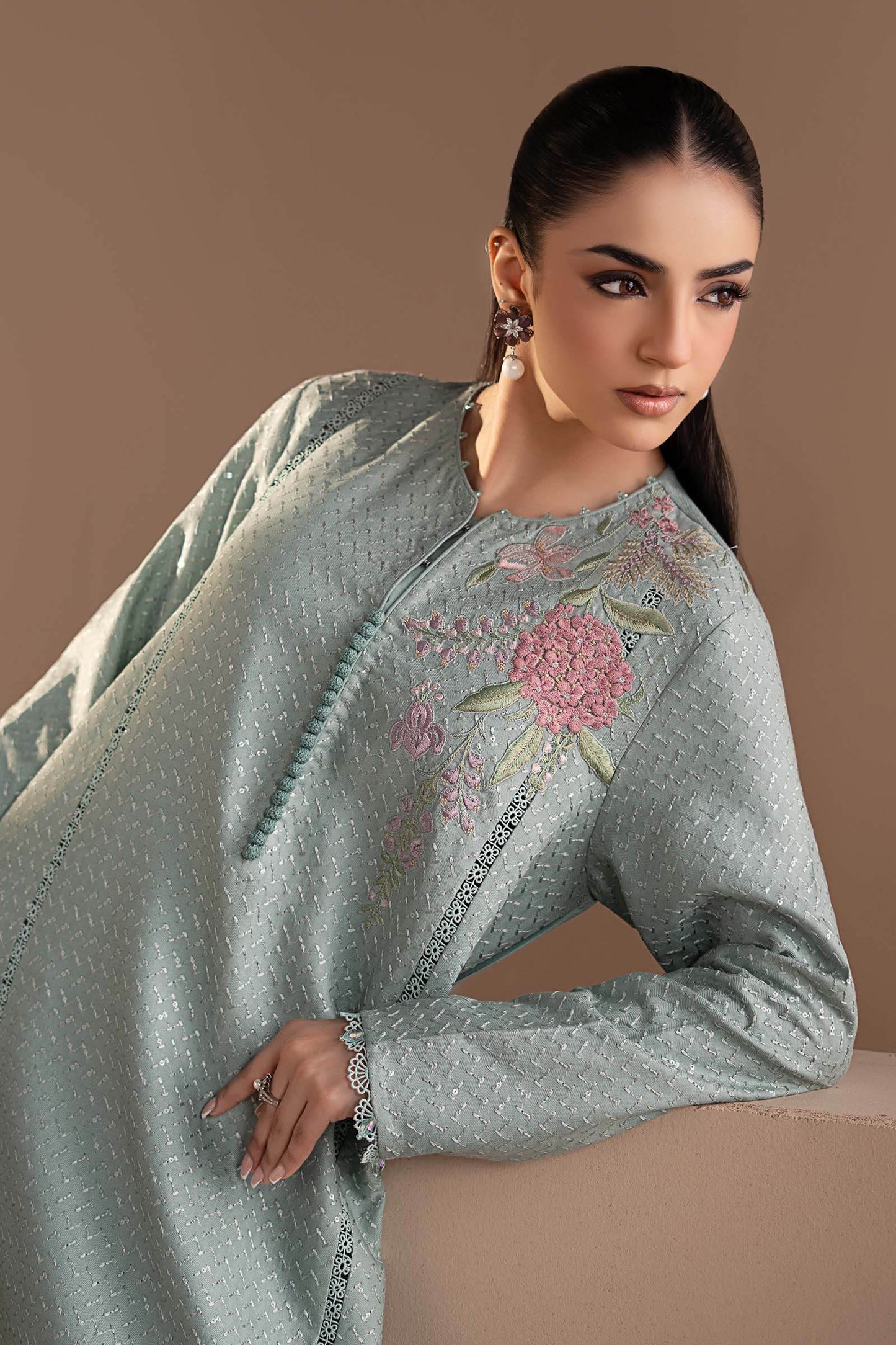 3 Piece Embroidered Twill Linen Suit