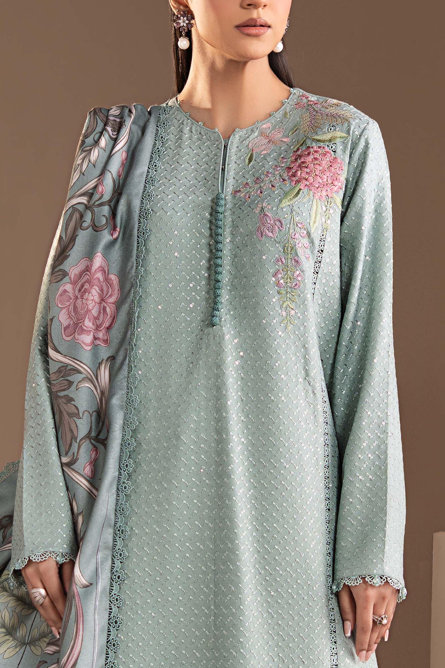 3 Piece Embroidered Twill Linen Suit