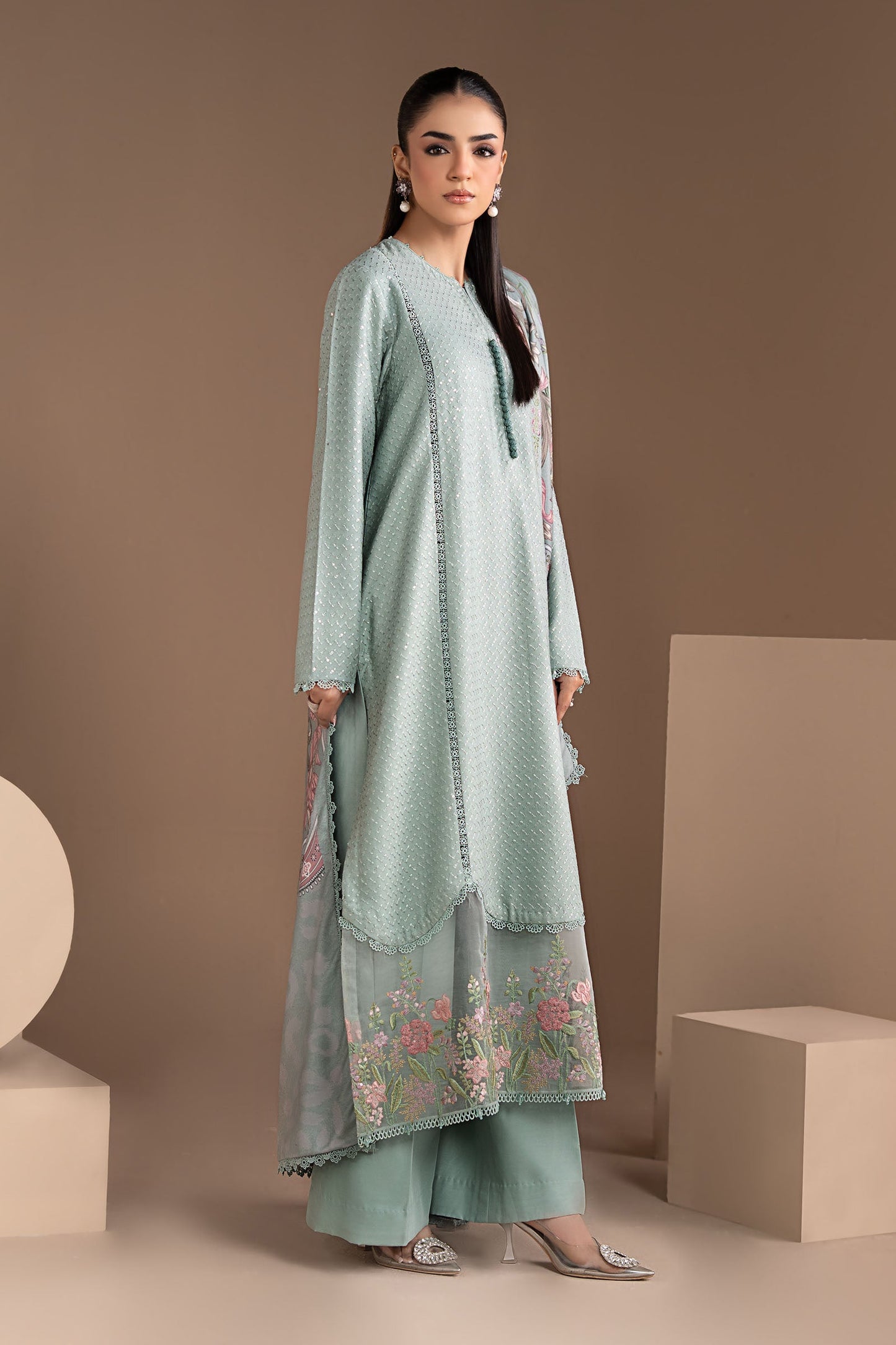 3 Piece Embroidered Twill Linen Suit