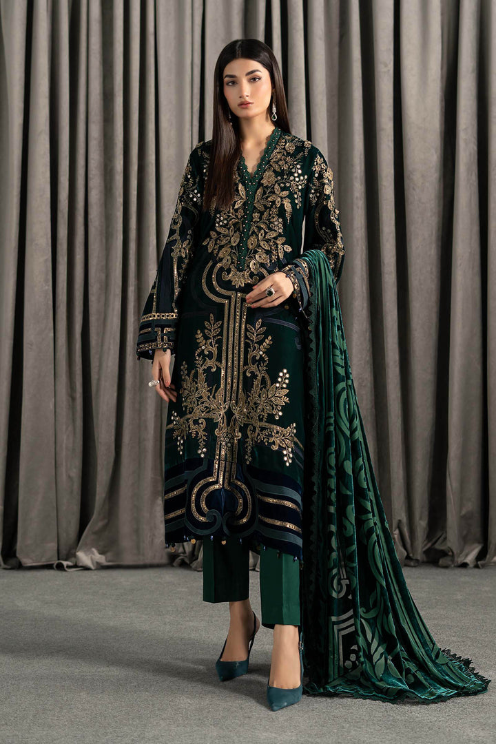 3 Piece Embroidered Velvet Suit All Products WLS1302-SML-EGR