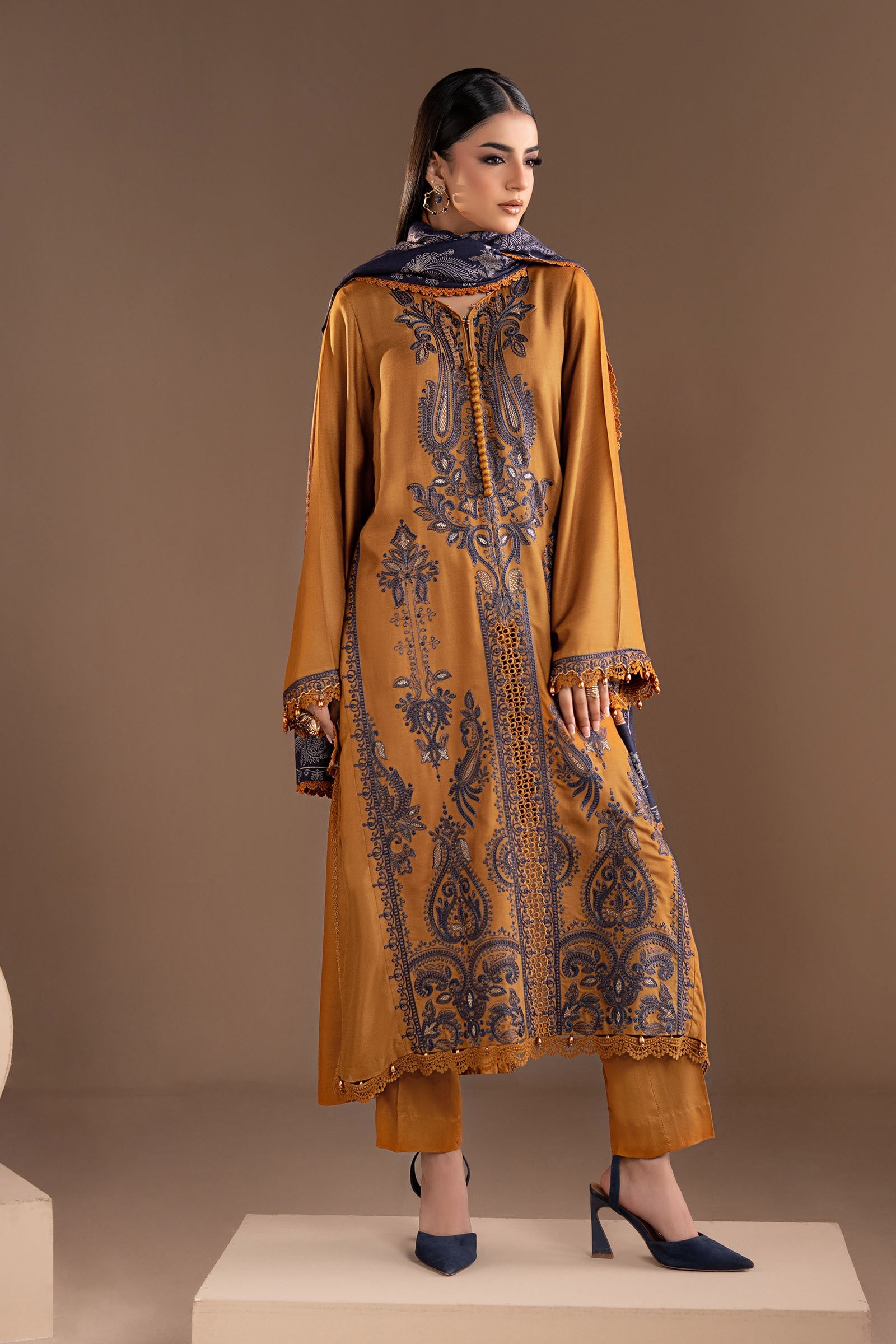 3 Piece Embroidered Twill Linen Suit