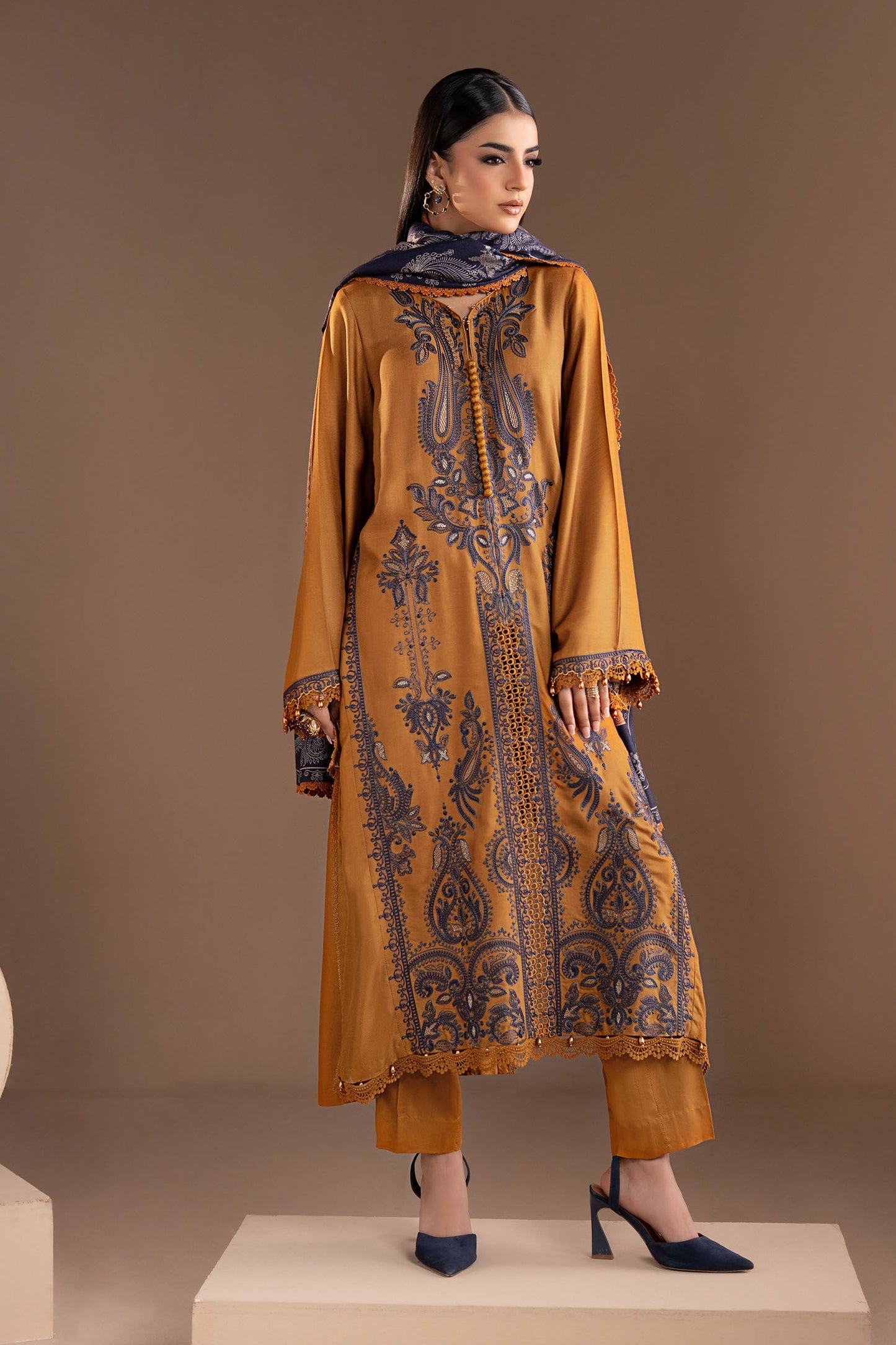 3 Piece Embroidered Twill Linen Suit