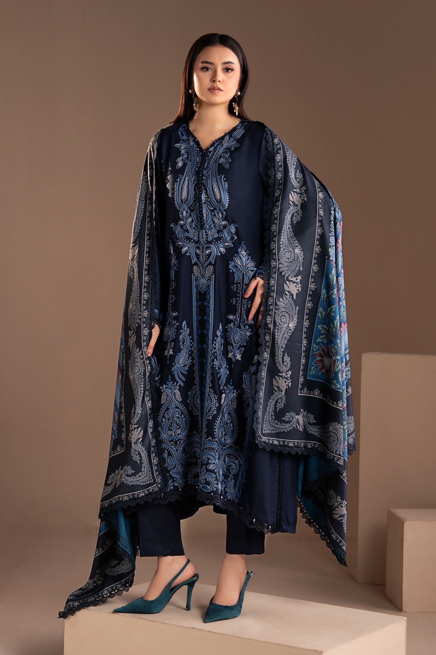 3 Piece Embroidered Twill Linen Suit