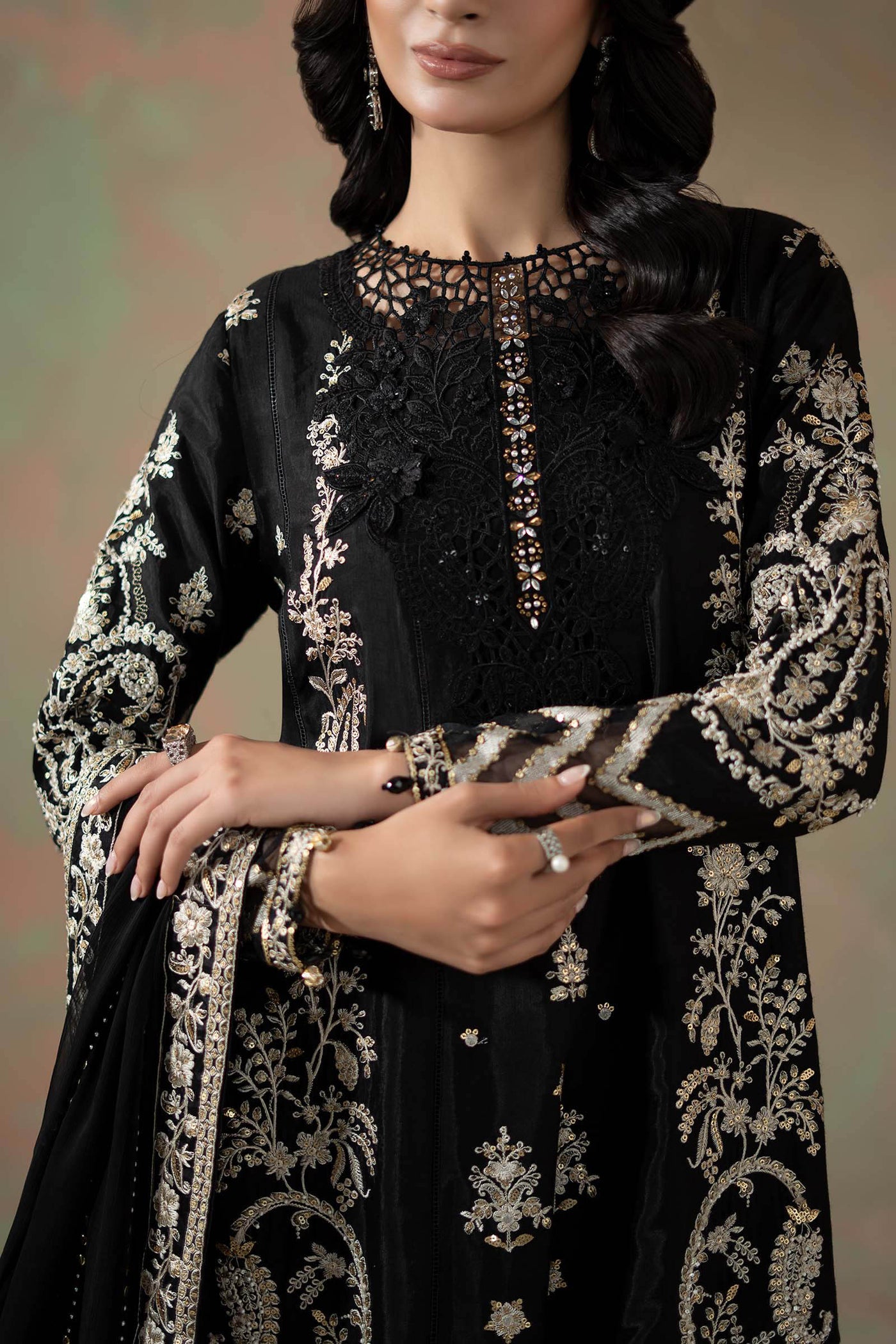 3 Piece Embroidered Raw Silk Suit