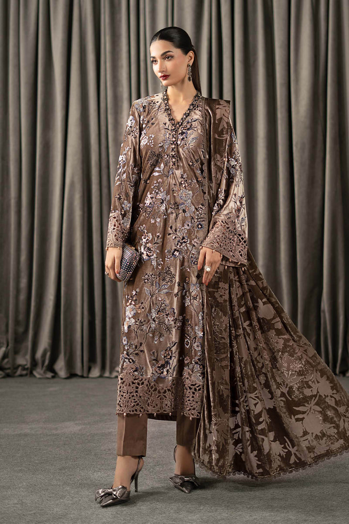 3 Piece Embroidered Velvet Suit All Products WLS1303-SML-BEG