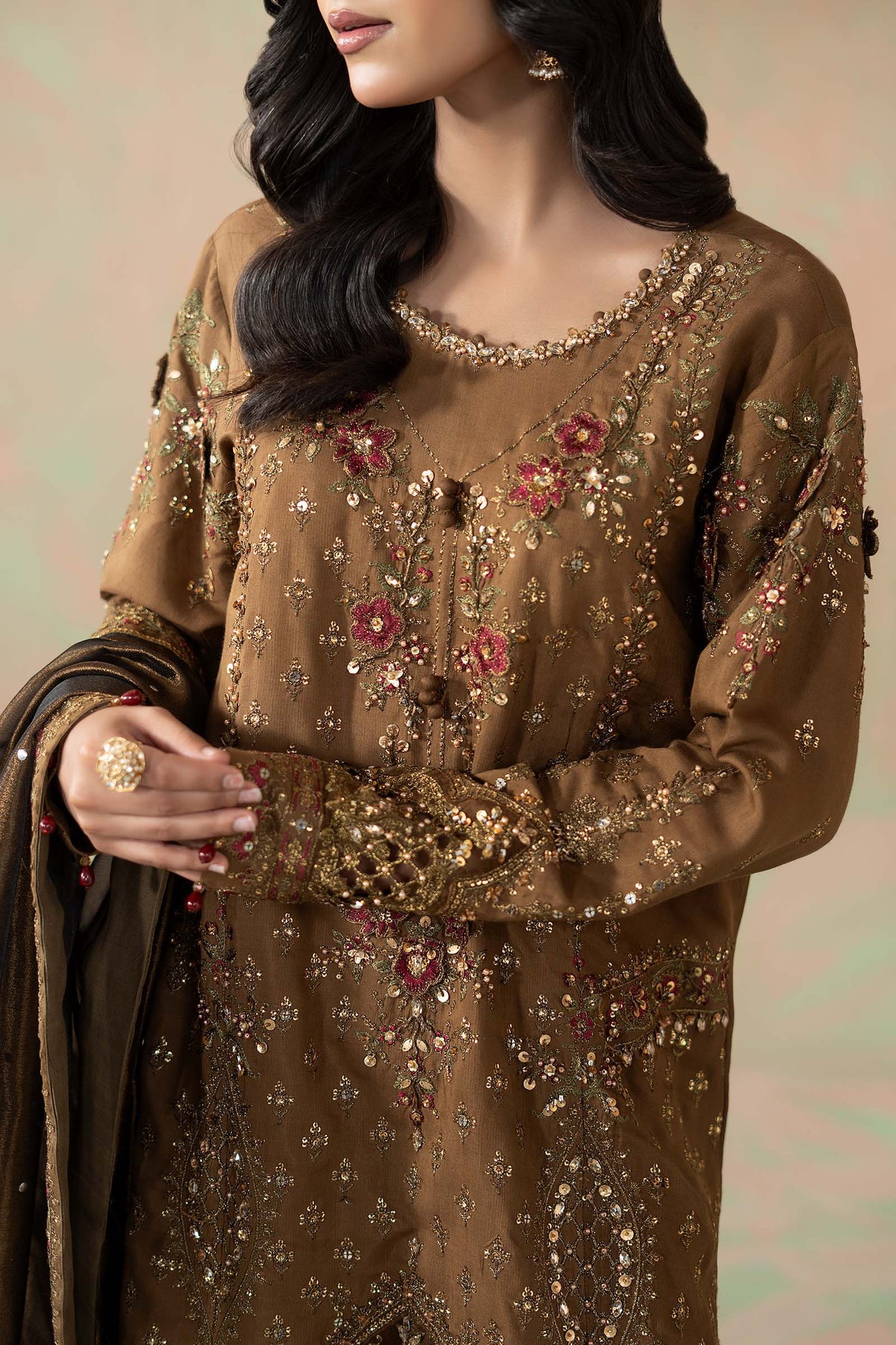 3 Piece Embroidered Raw Silk Suit