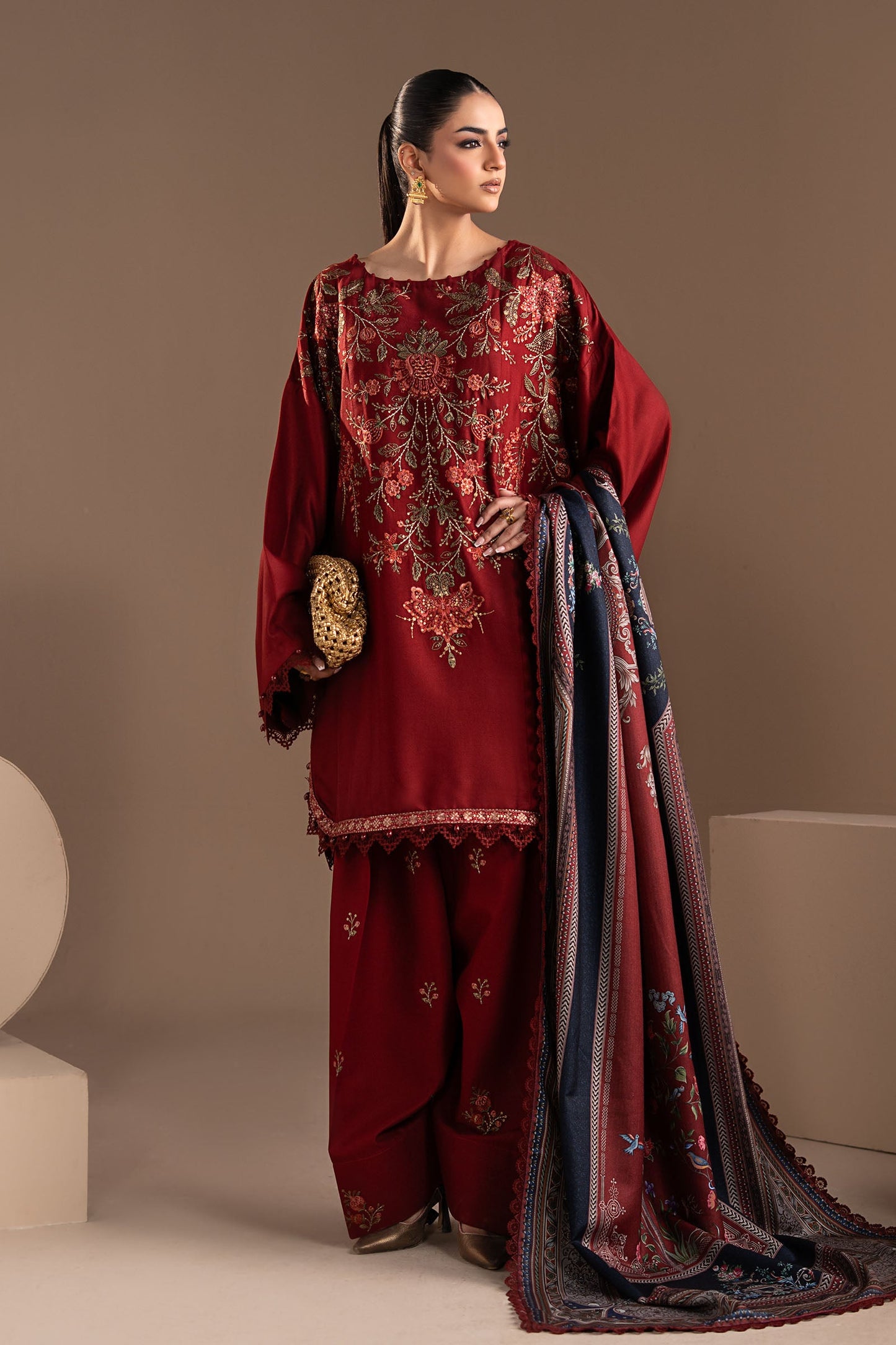 3 Piece Embroidered Twill Linen Suit