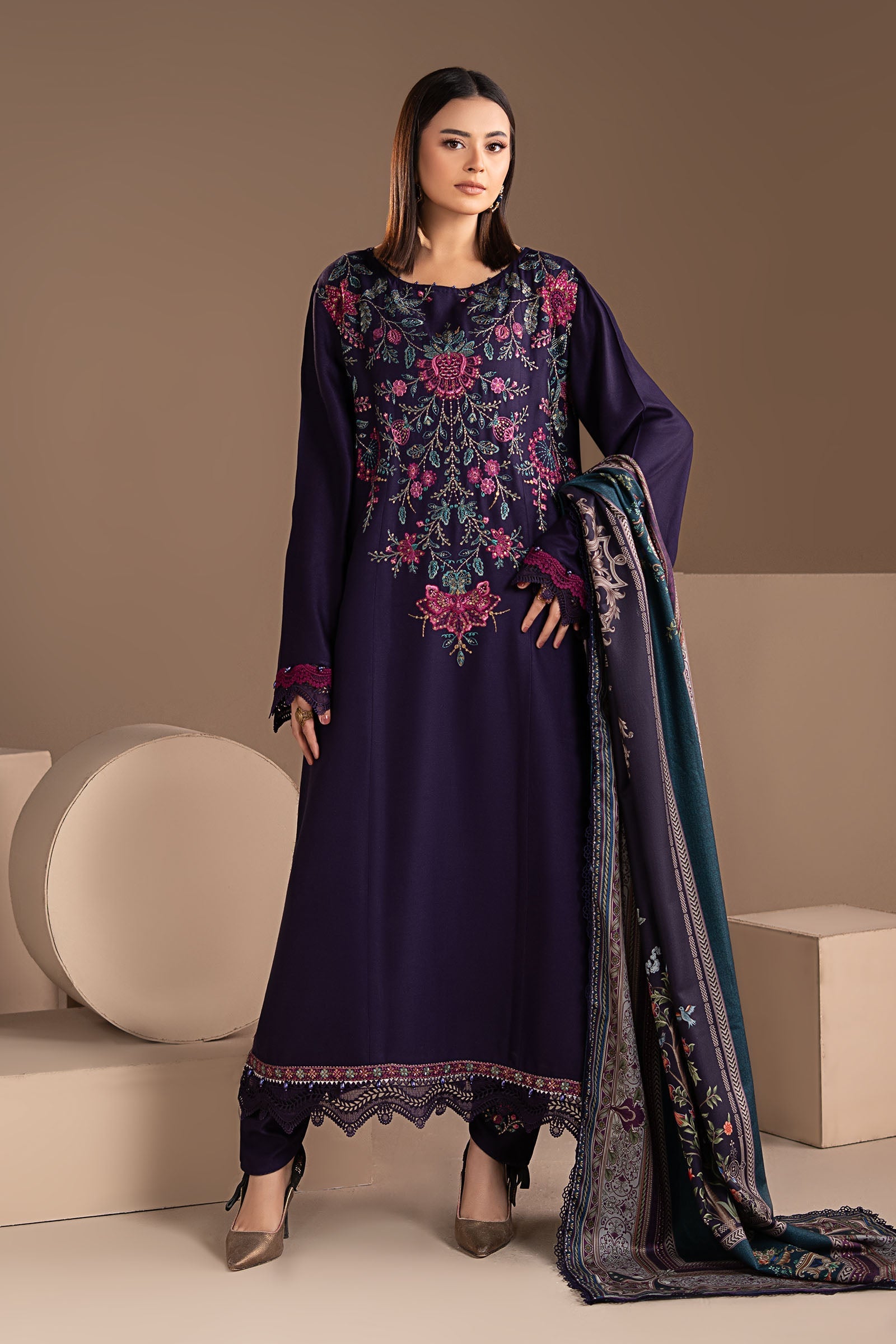 3 Piece Embroidered Twill Linen Suit