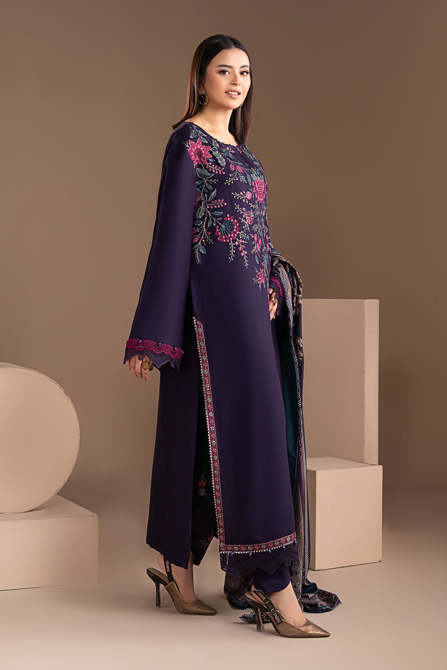 3 Piece Embroidered Twill Linen Suit