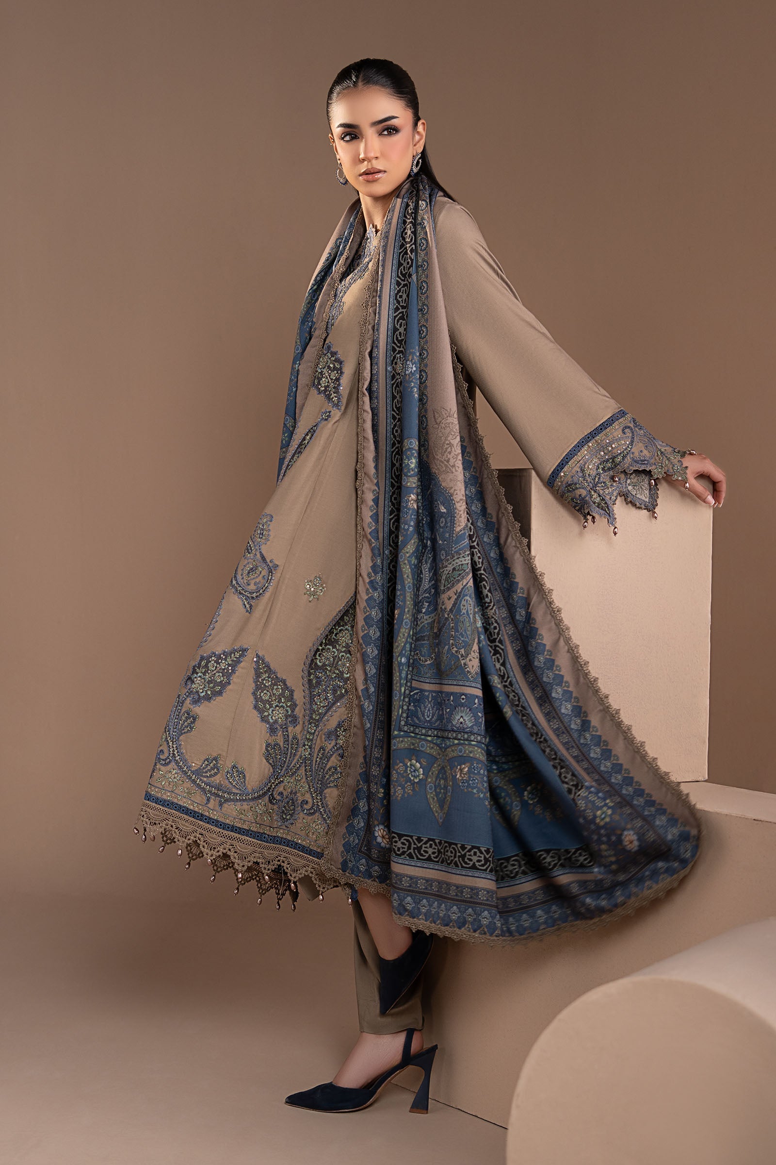 3 Piece Embroidered Twill Linen Suit