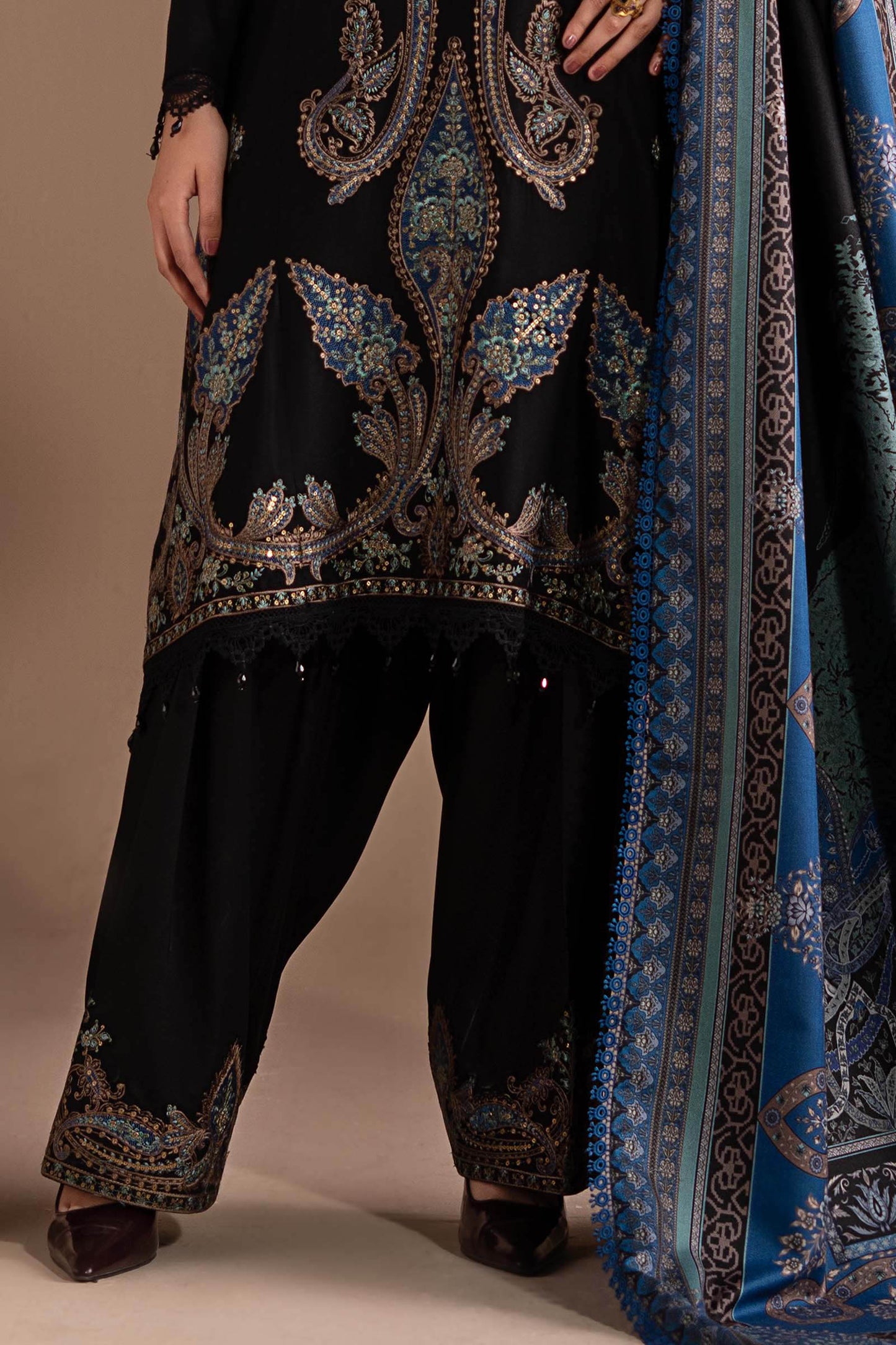 3 Piece Embroidered Twill Linen Suit