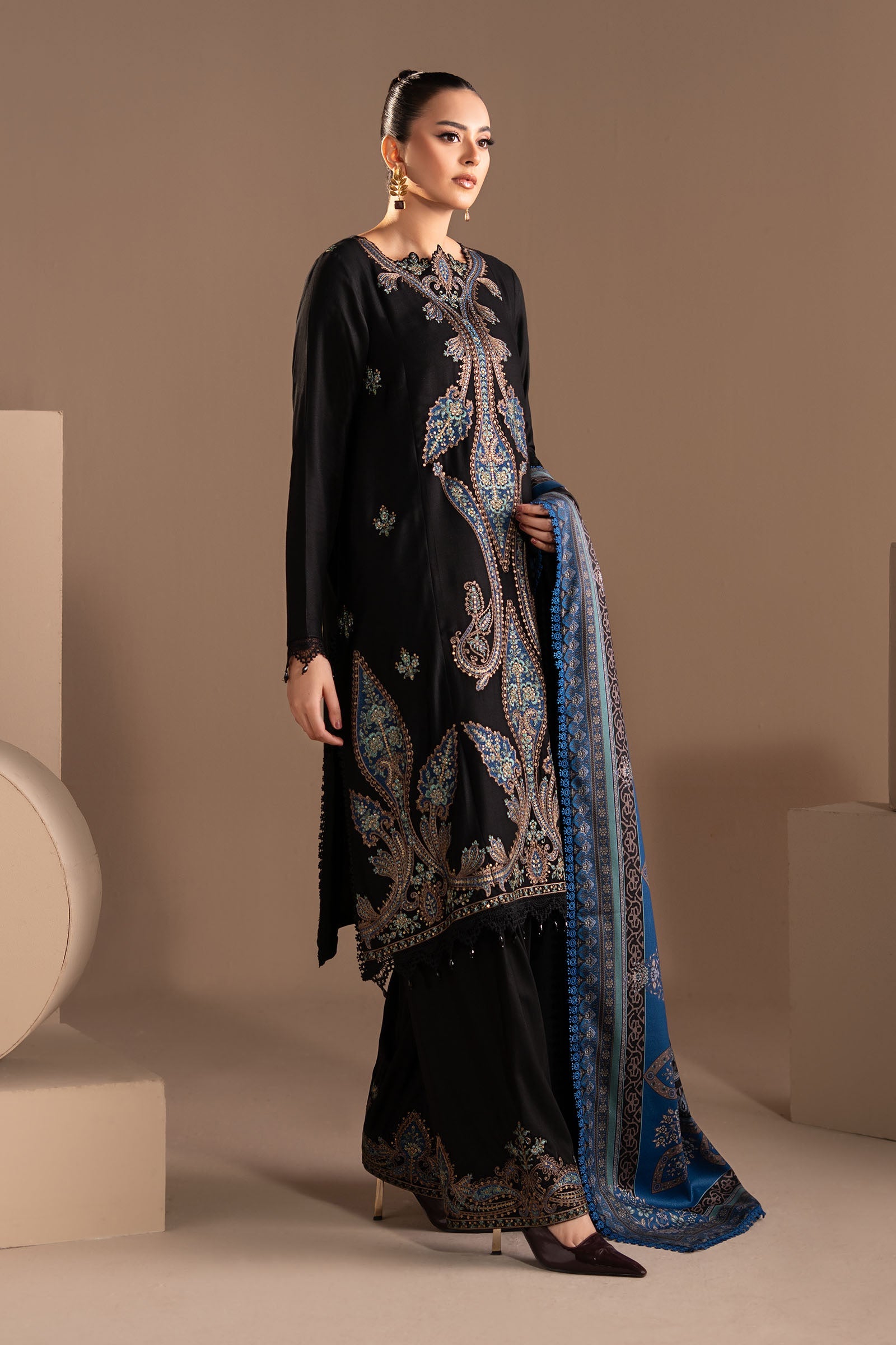 3 Piece Embroidered Twill Linen Suit