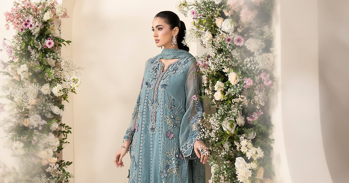 green emerald velvet dress Maria.B Replica Embroidered Chiffon Dress