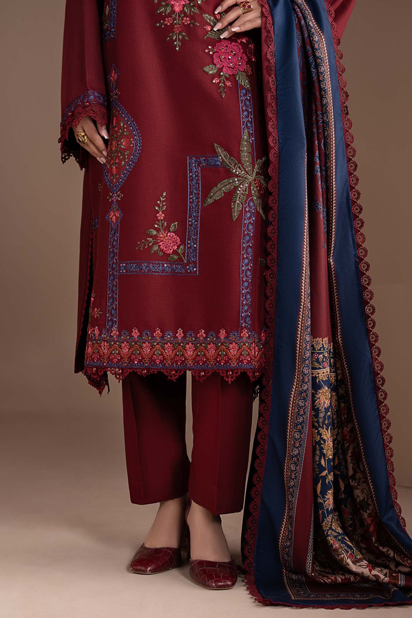 3 Piece Embroidered Twill Linen Suit