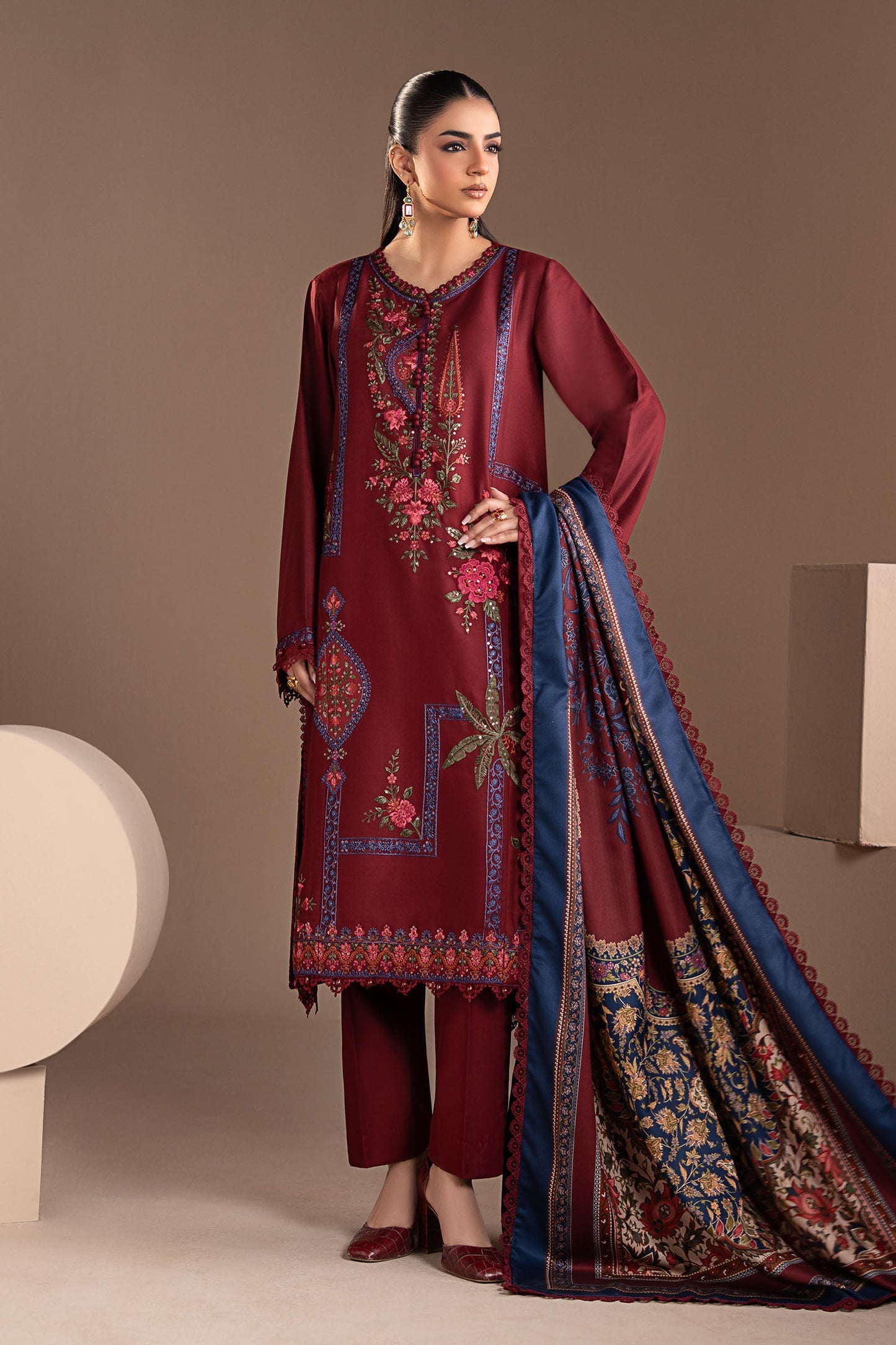 3 Piece Embroidered Twill Linen Suit