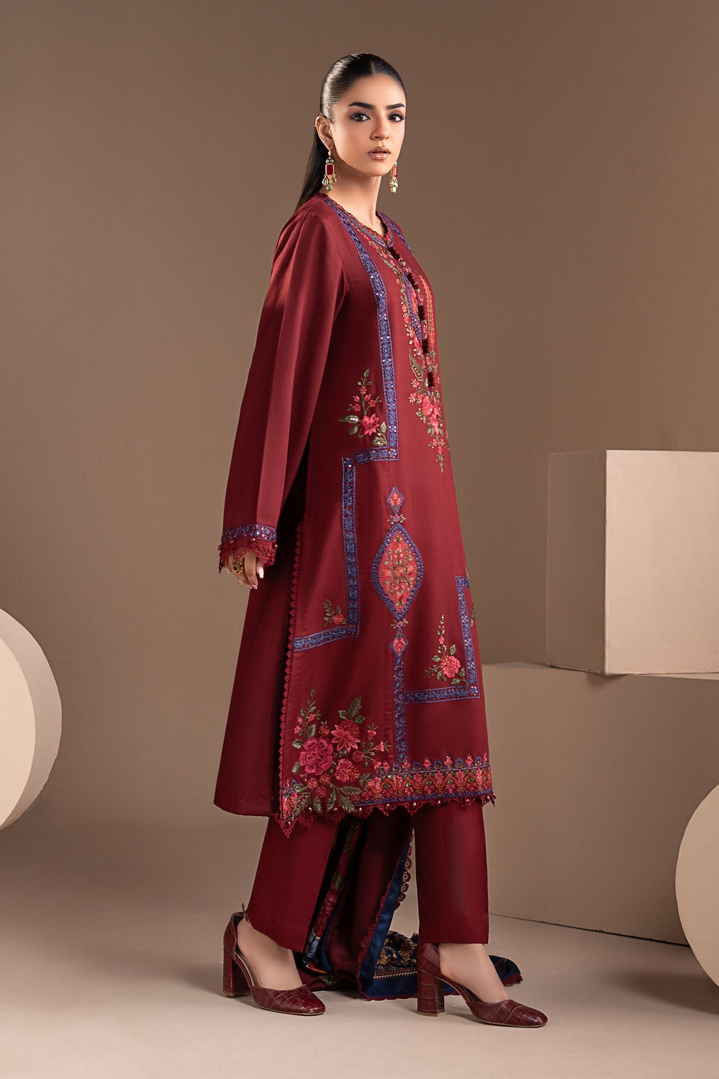 3 Piece Embroidered Twill Linen Suit