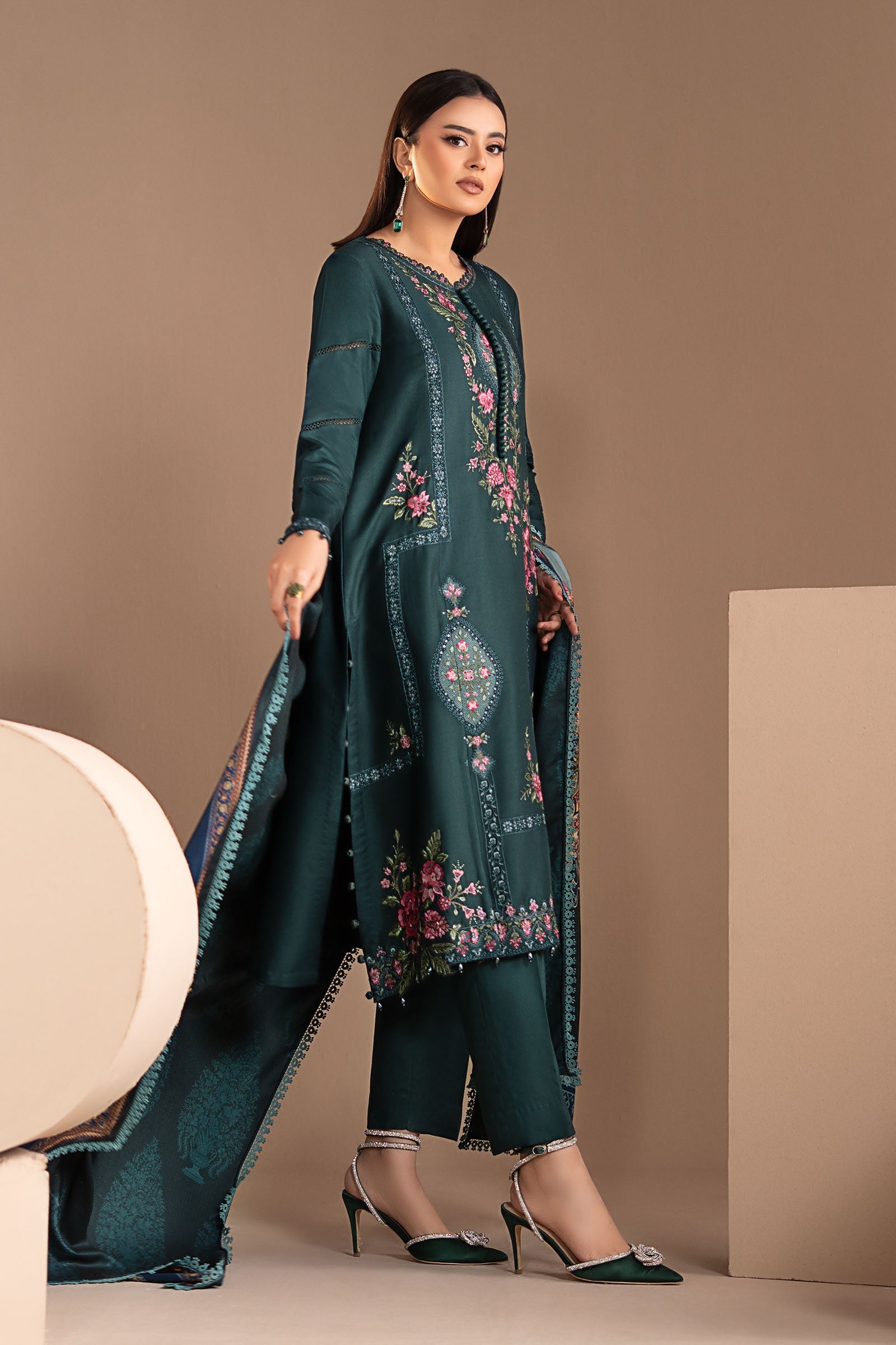 3 Piece Embroidered Twill Linen Suit