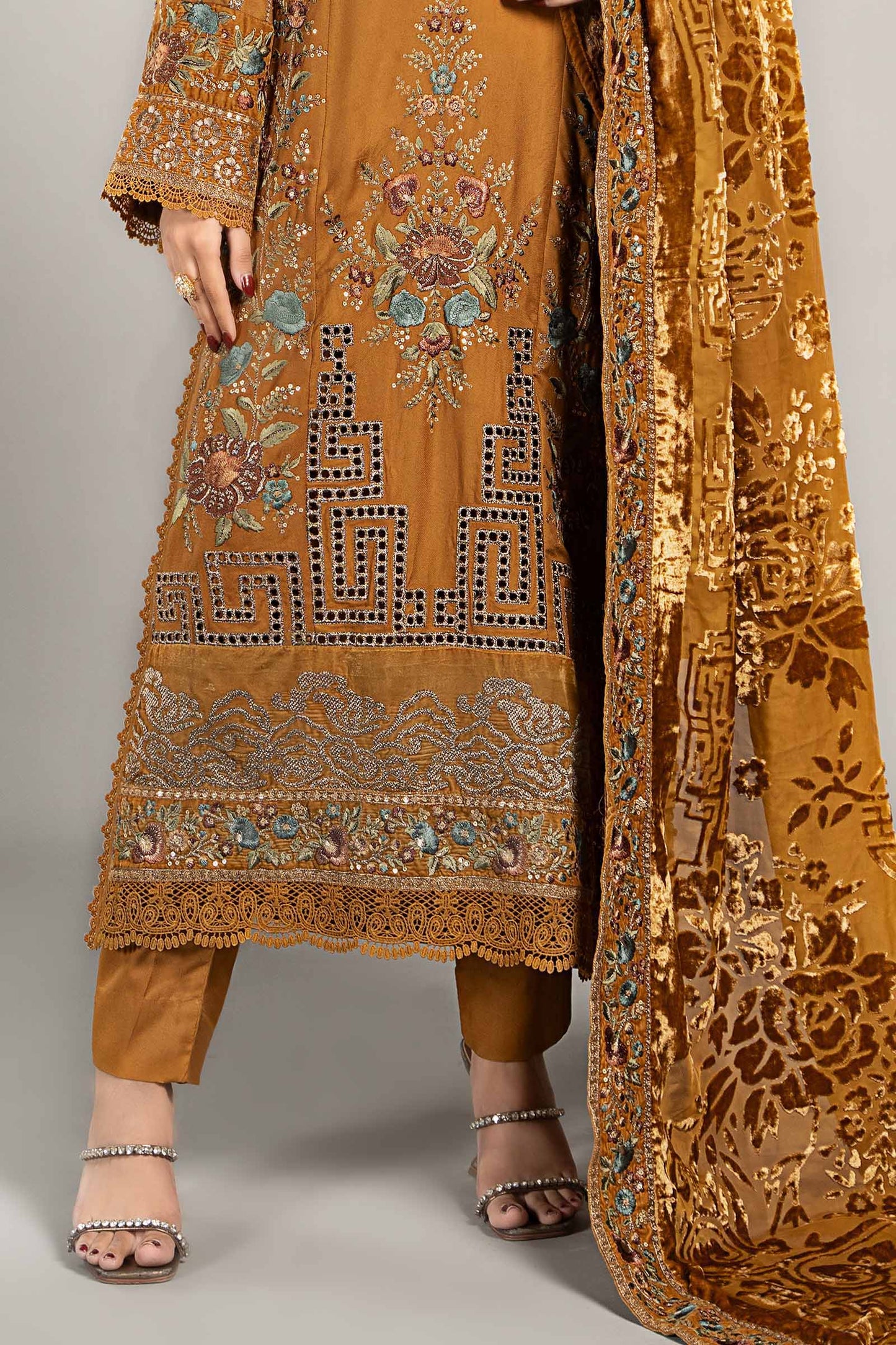 3 Piece Embroidered Twill Linen Suit | DLS-1207