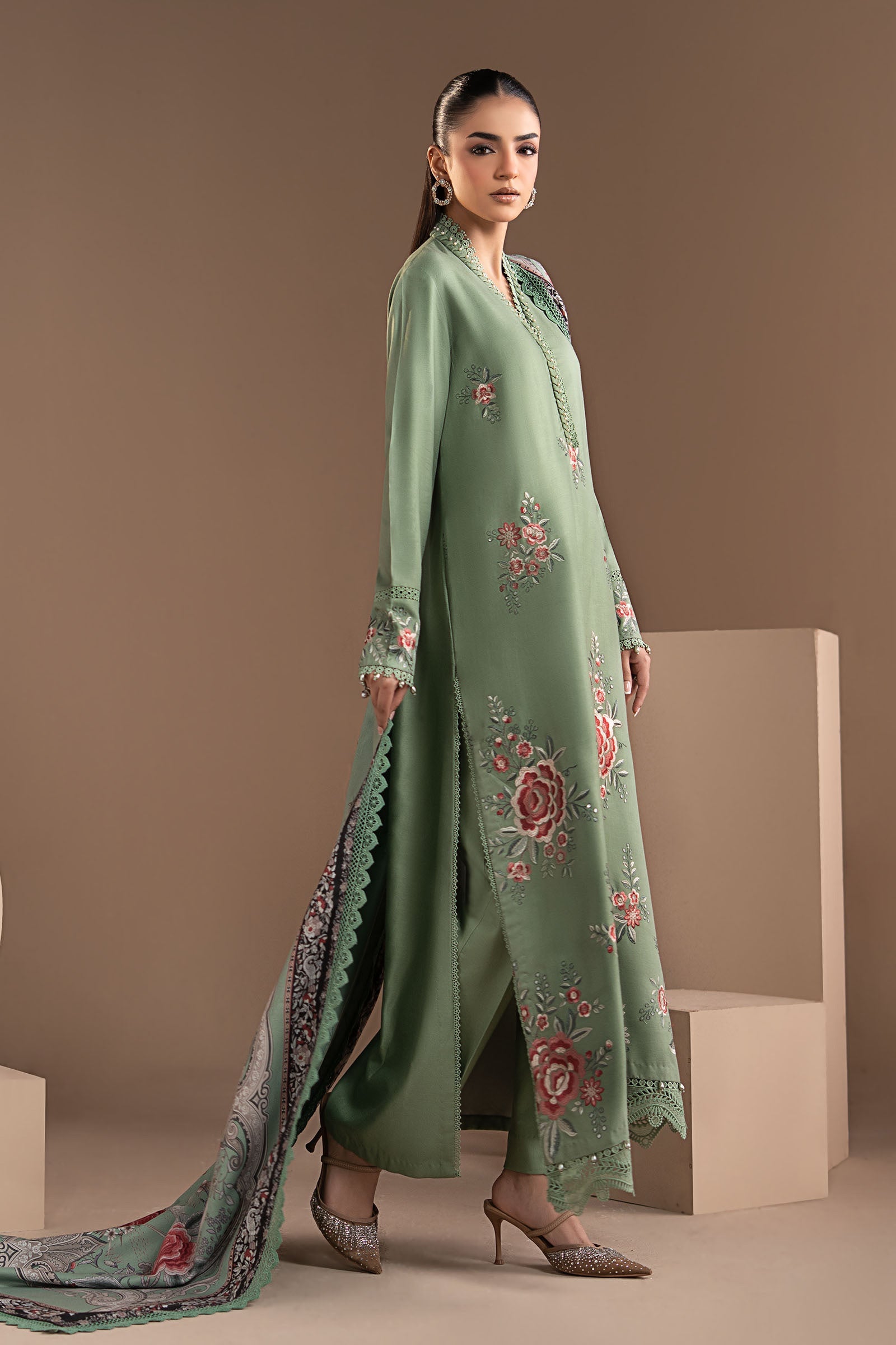 3 Piece Embroidered Twill Linen Suit