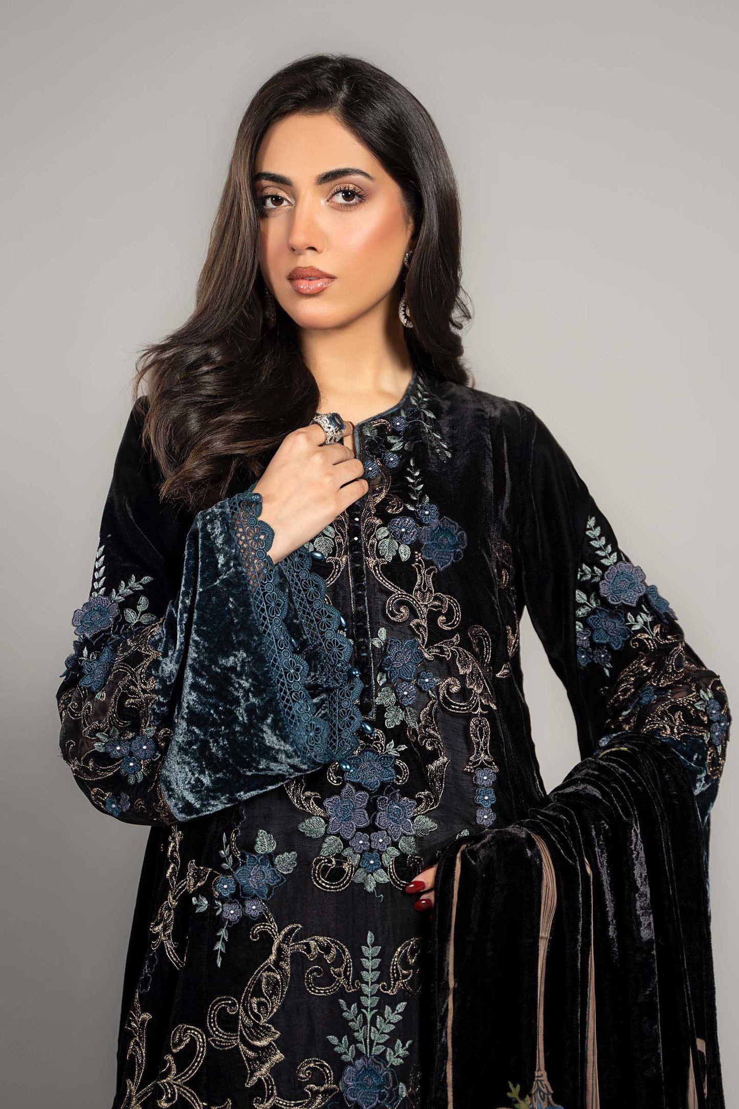 3 Piece Embroidered Velvet Suit | DLS-1208