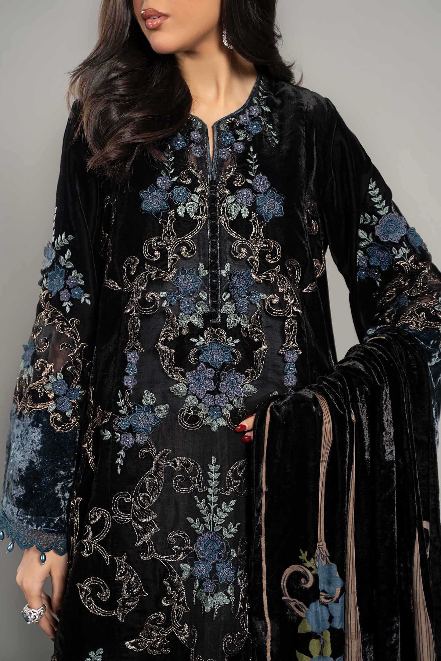 3 Piece Embroidered Velvet Suit | DLS-1208
