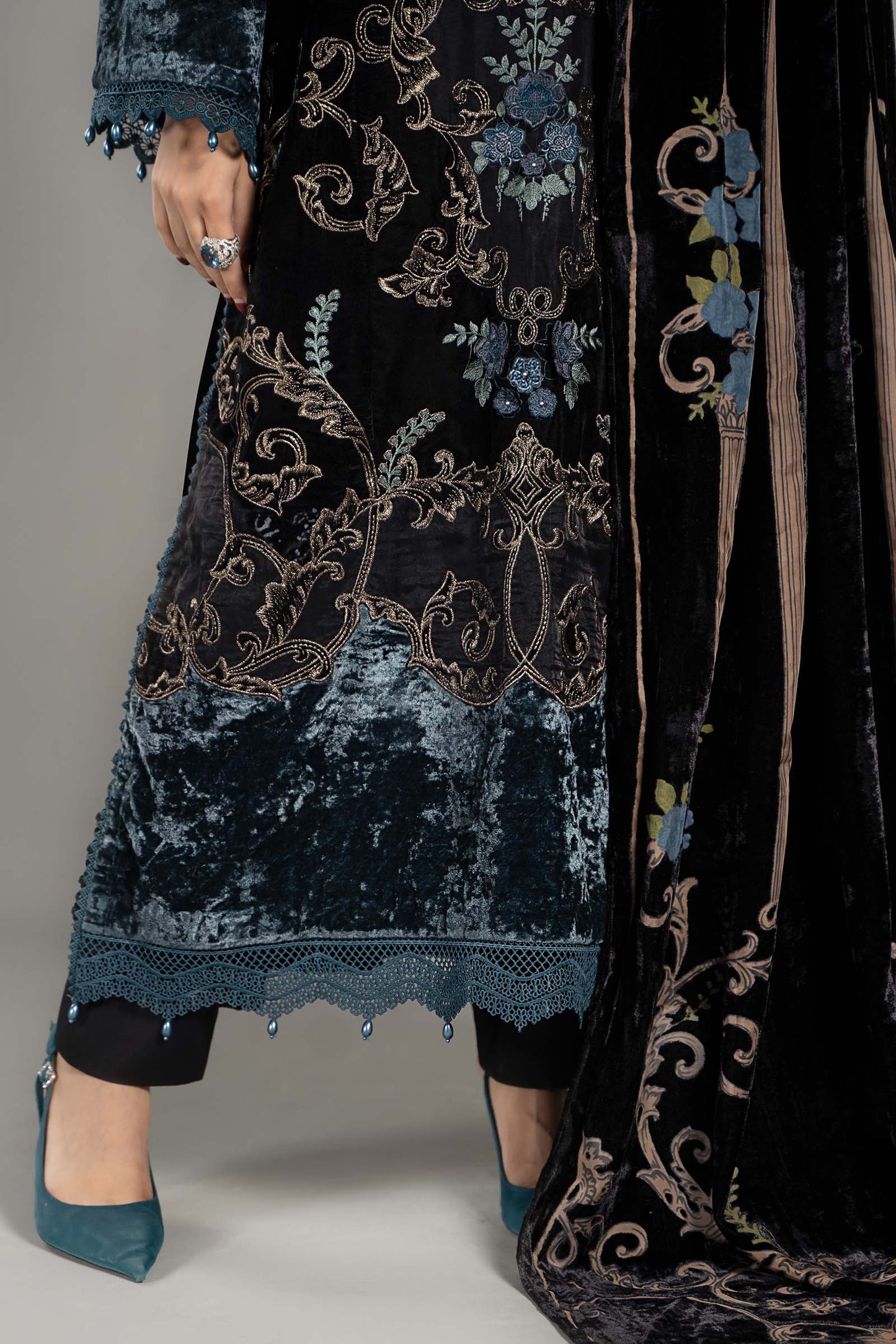 3 Piece Embroidered Velvet Suit | DLS-1208