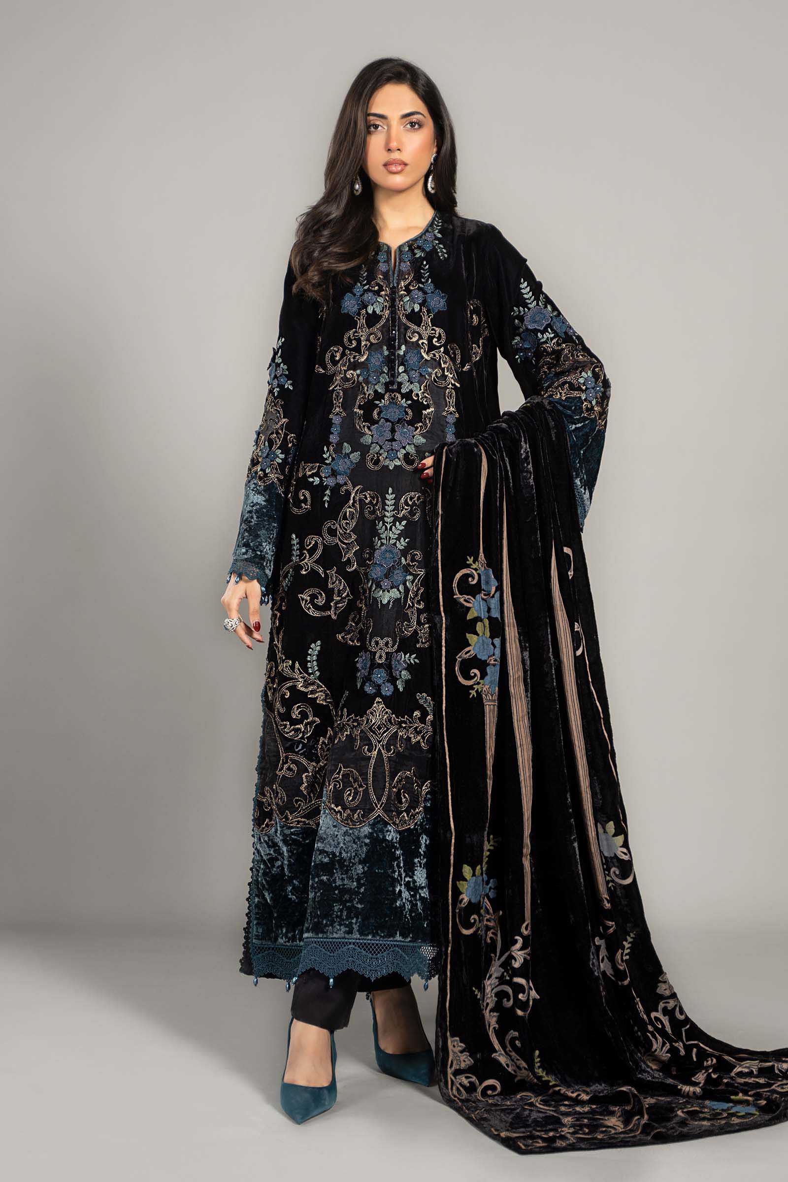 3 Piece Embroidered Velvet Suit | DLS-1208