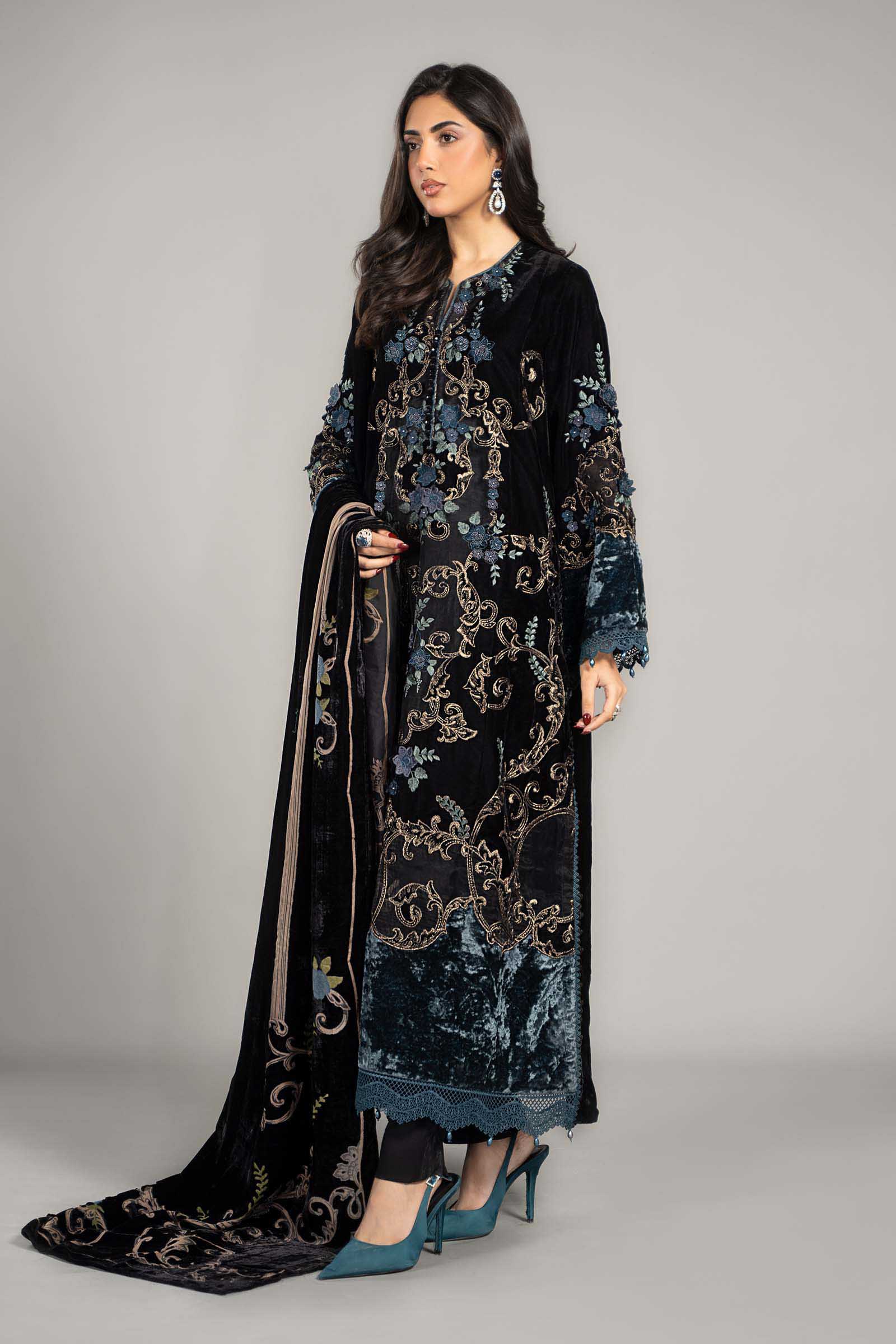 3 Piece Embroidered Velvet Suit | DLS-1208